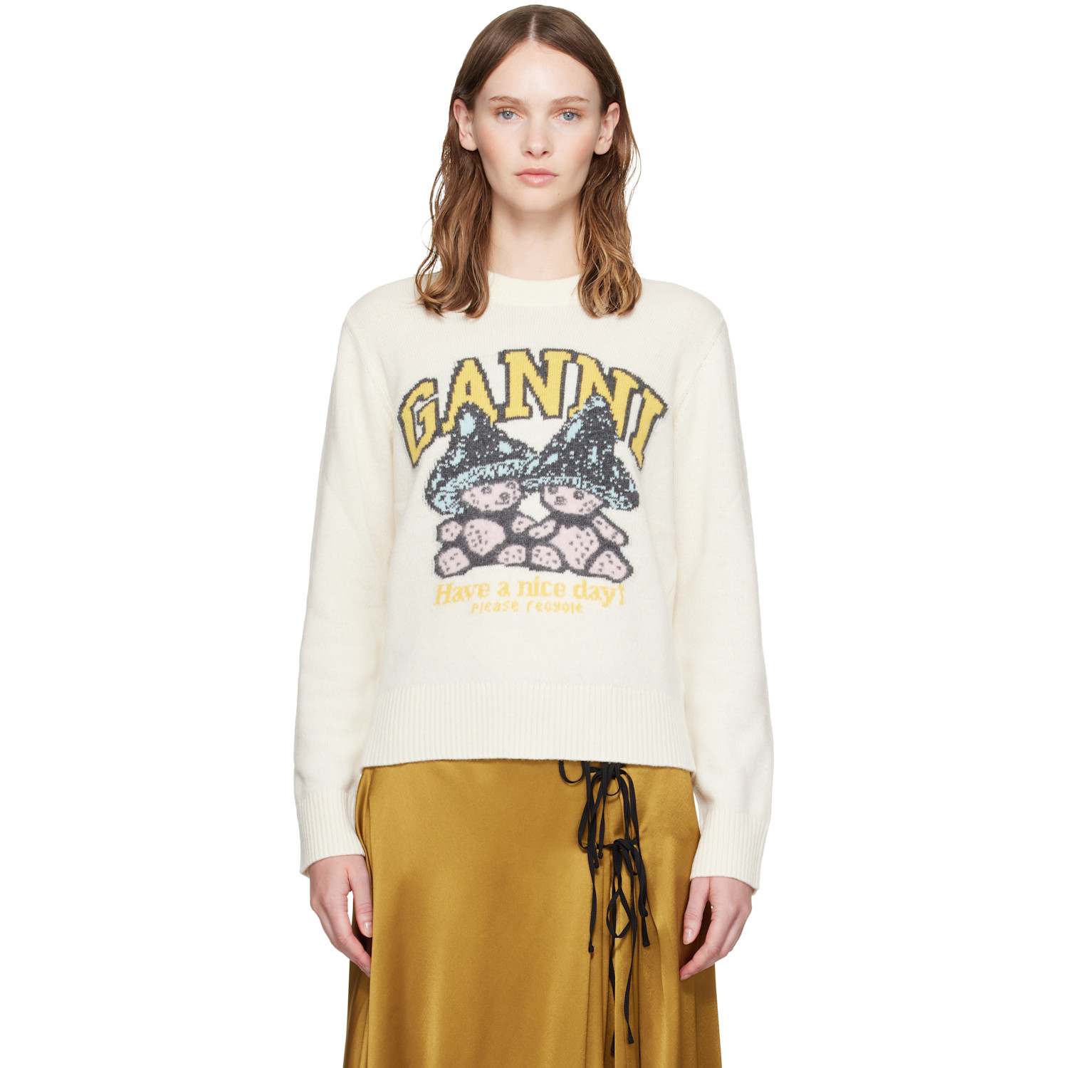 GANNI Off-White Teddy Mushroom Wool Sweater