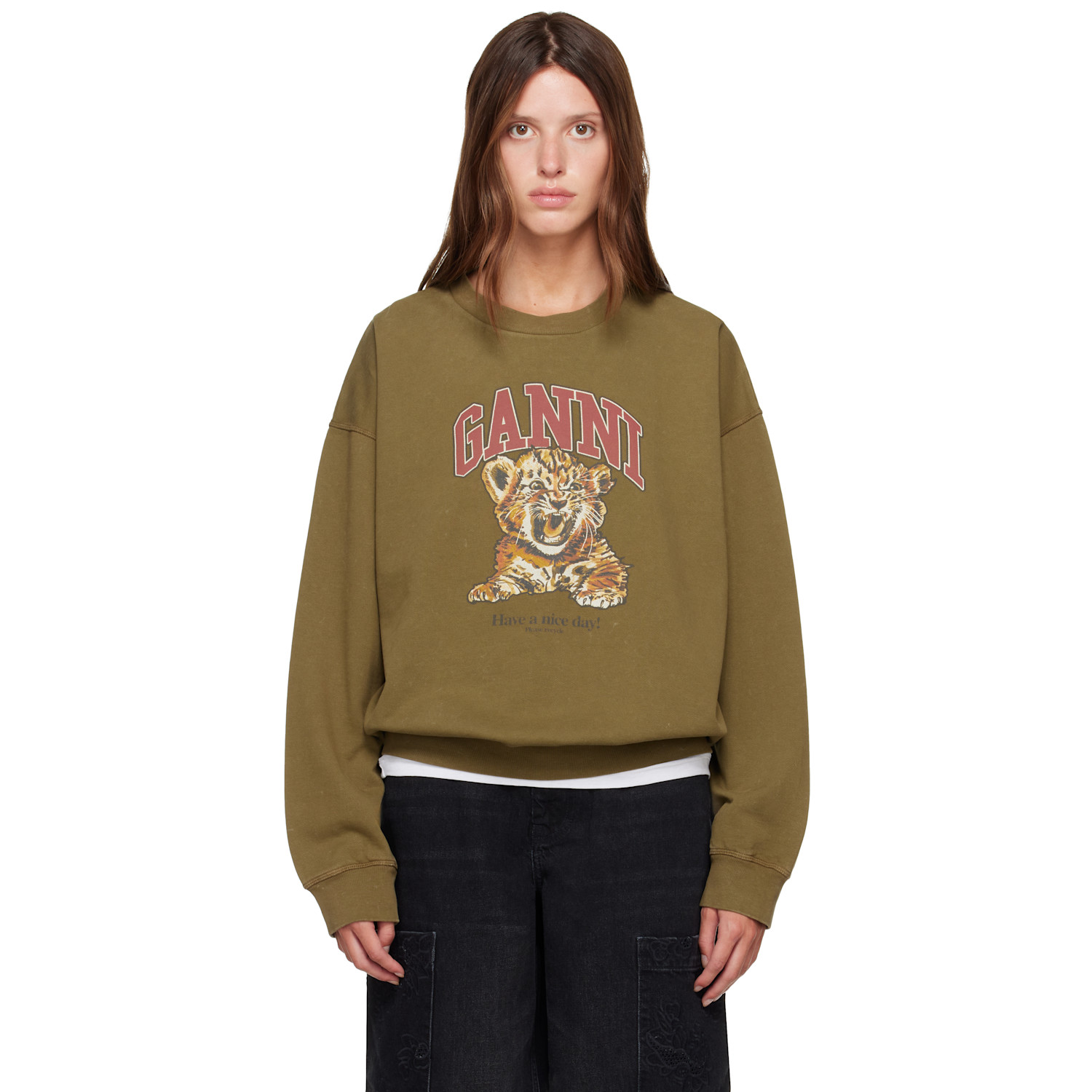 GANNI Khaki Tiger Crewneck Sweatshirt