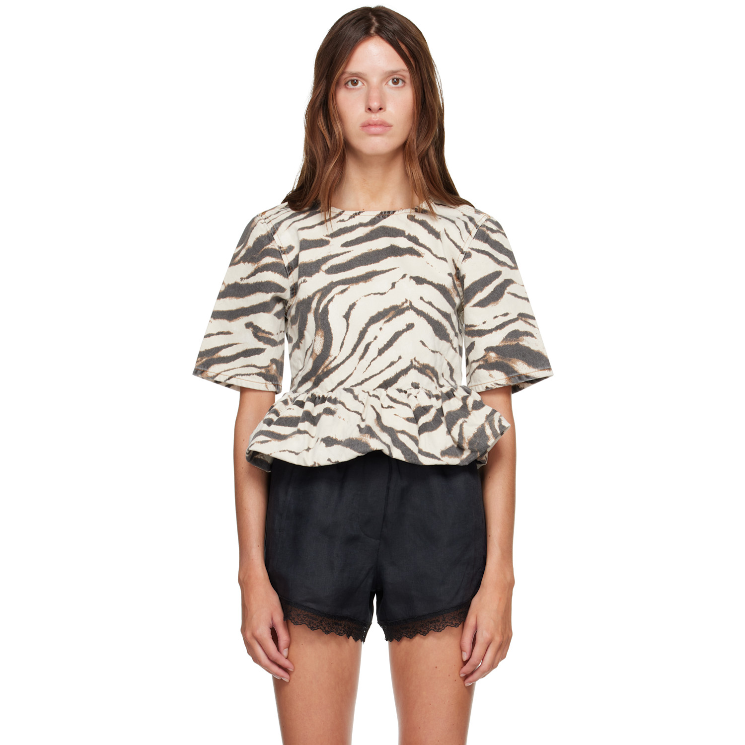 GANNI Off-White & Brown Zebra Denim Blouse