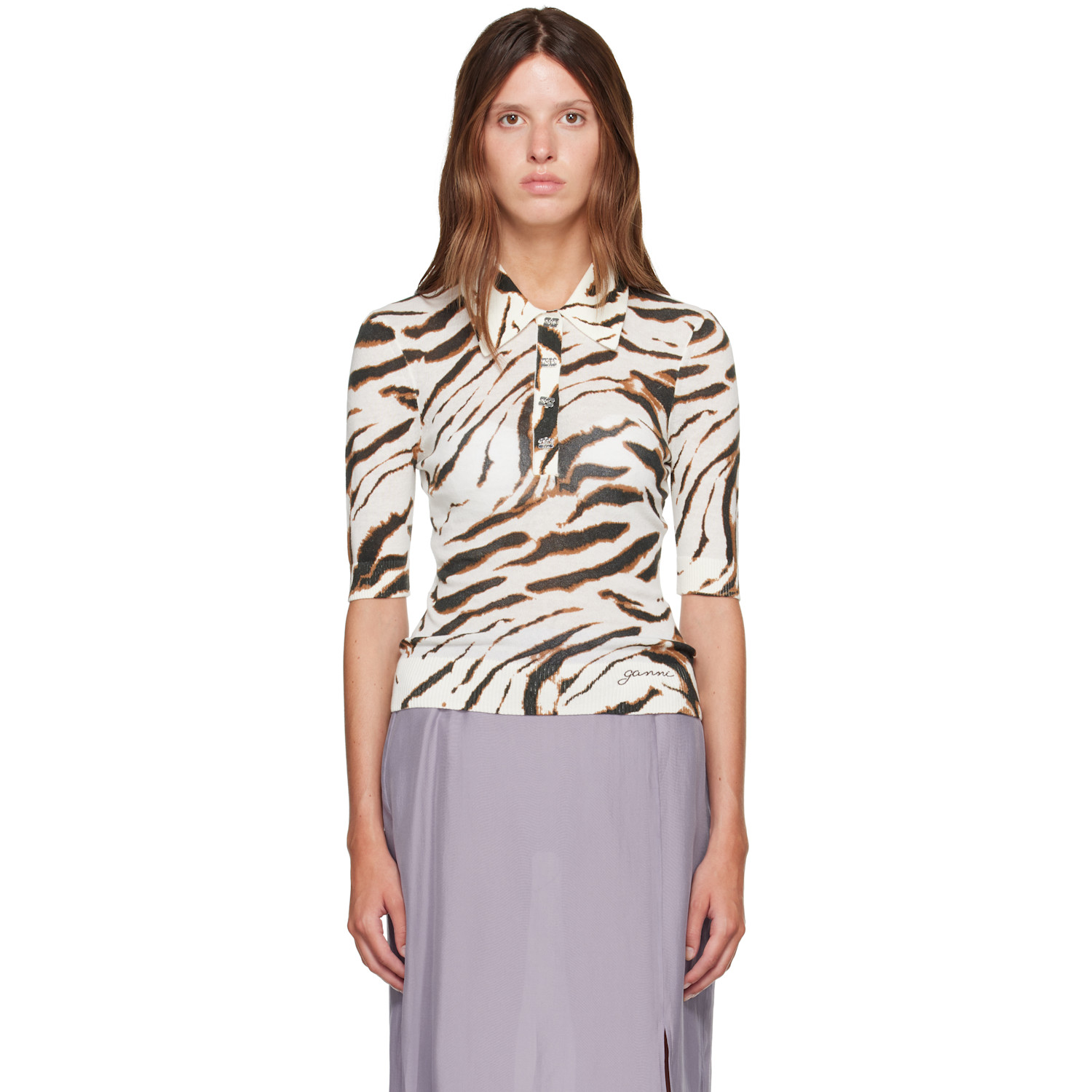 GANNI Off-White Sheer Printed Cotton Polo