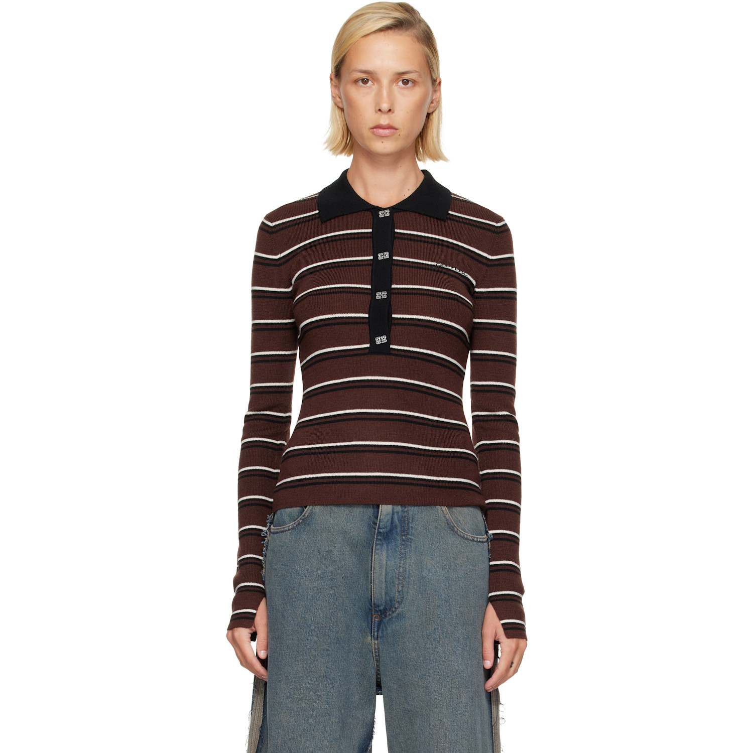 GANNI Brown Striped Merino Polo