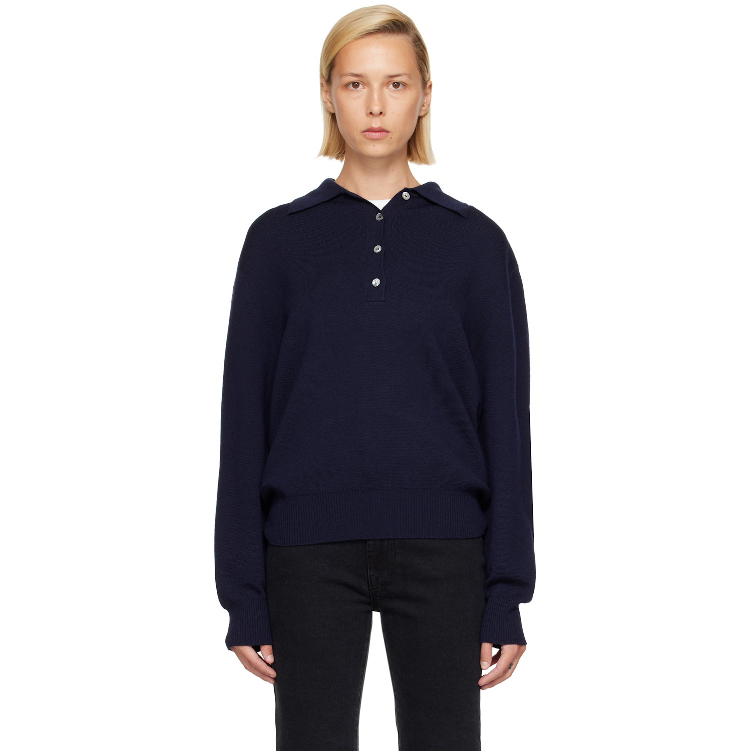 Róhe Navy Merino Wool Polo