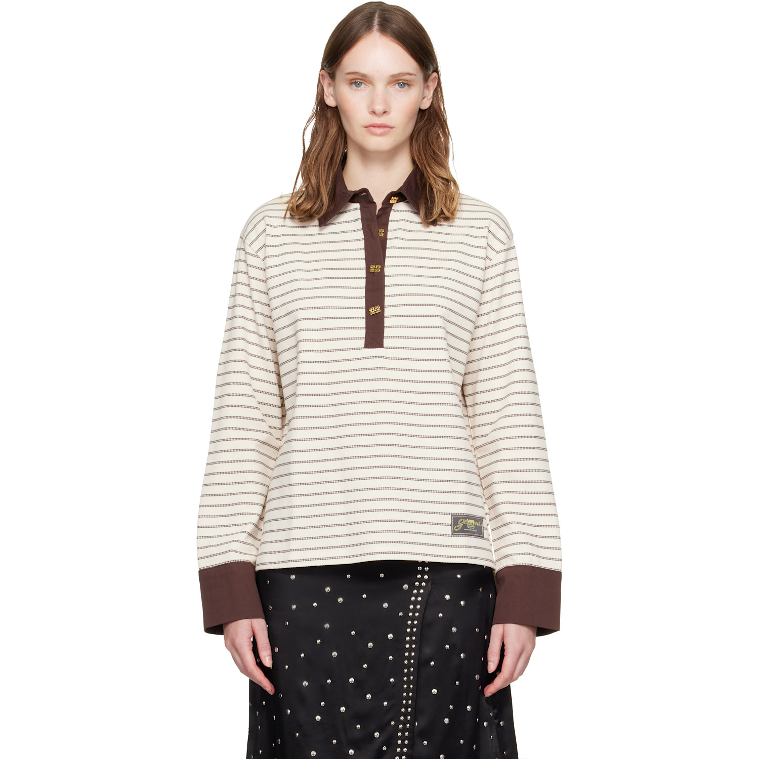 Ganni Beige Stripe Polo In Zxg Chocolate Brown