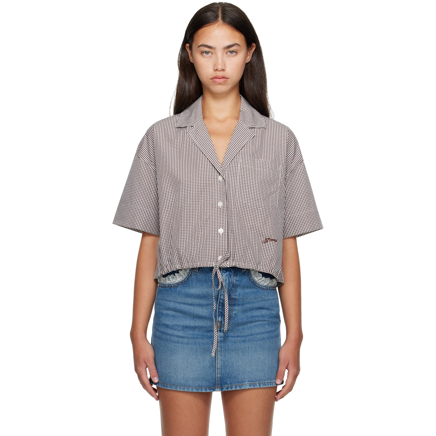 GANNI Brown Check Cotton Cropped Bowling Shirt
