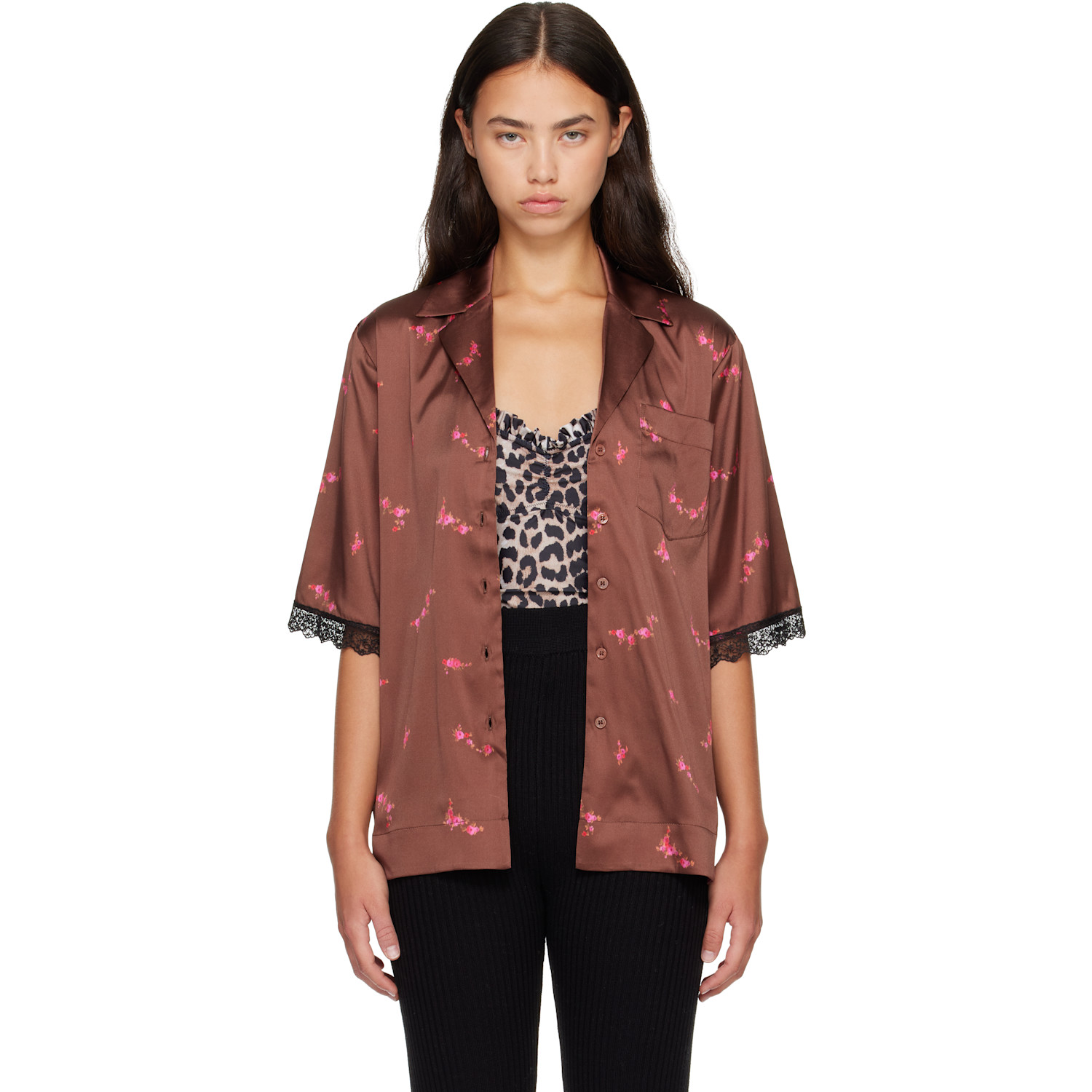 GANNI Brown Printed Sandwashed Silk Satin Bowling Shirt