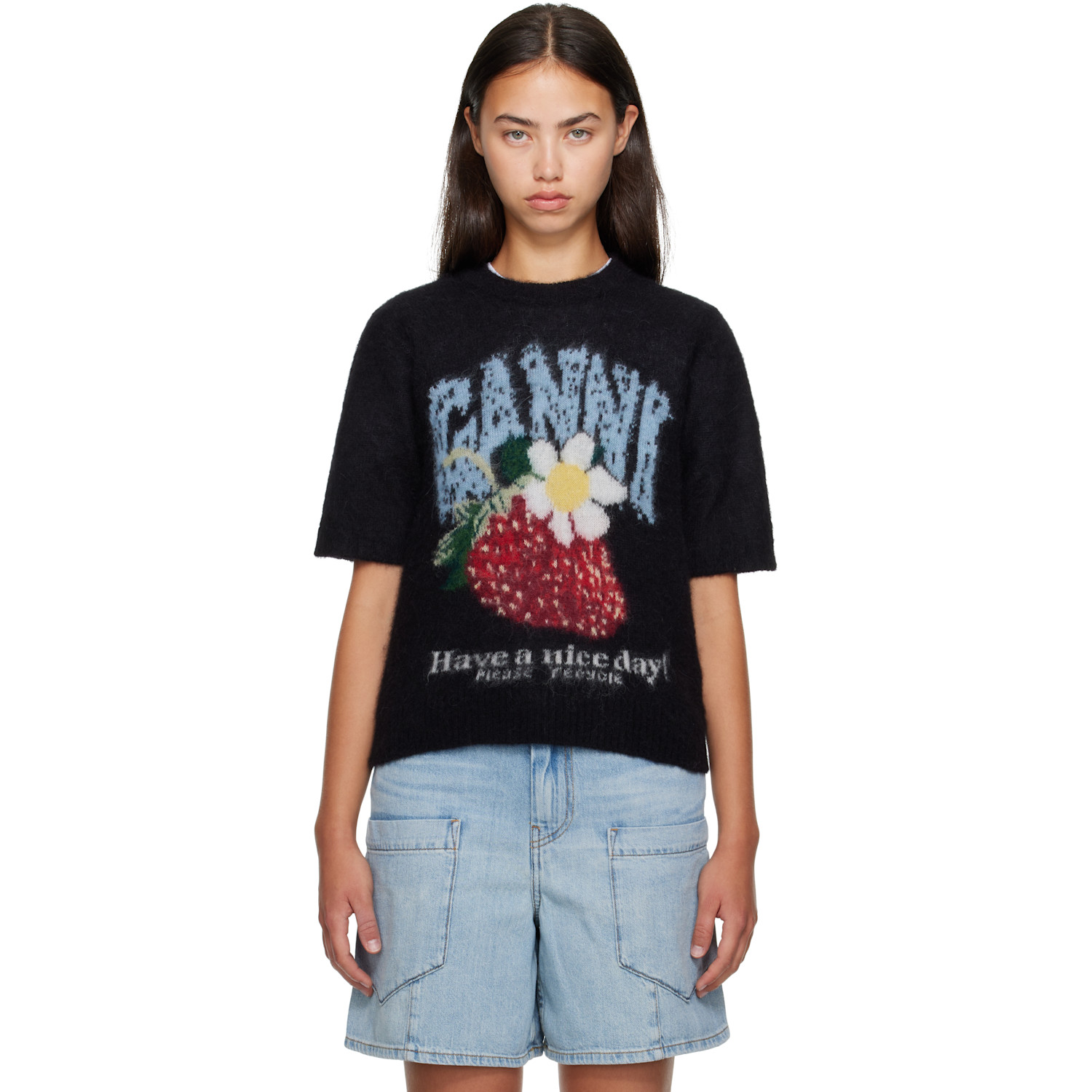 GANNI Black Fine Brushed Alpaca T-shirt