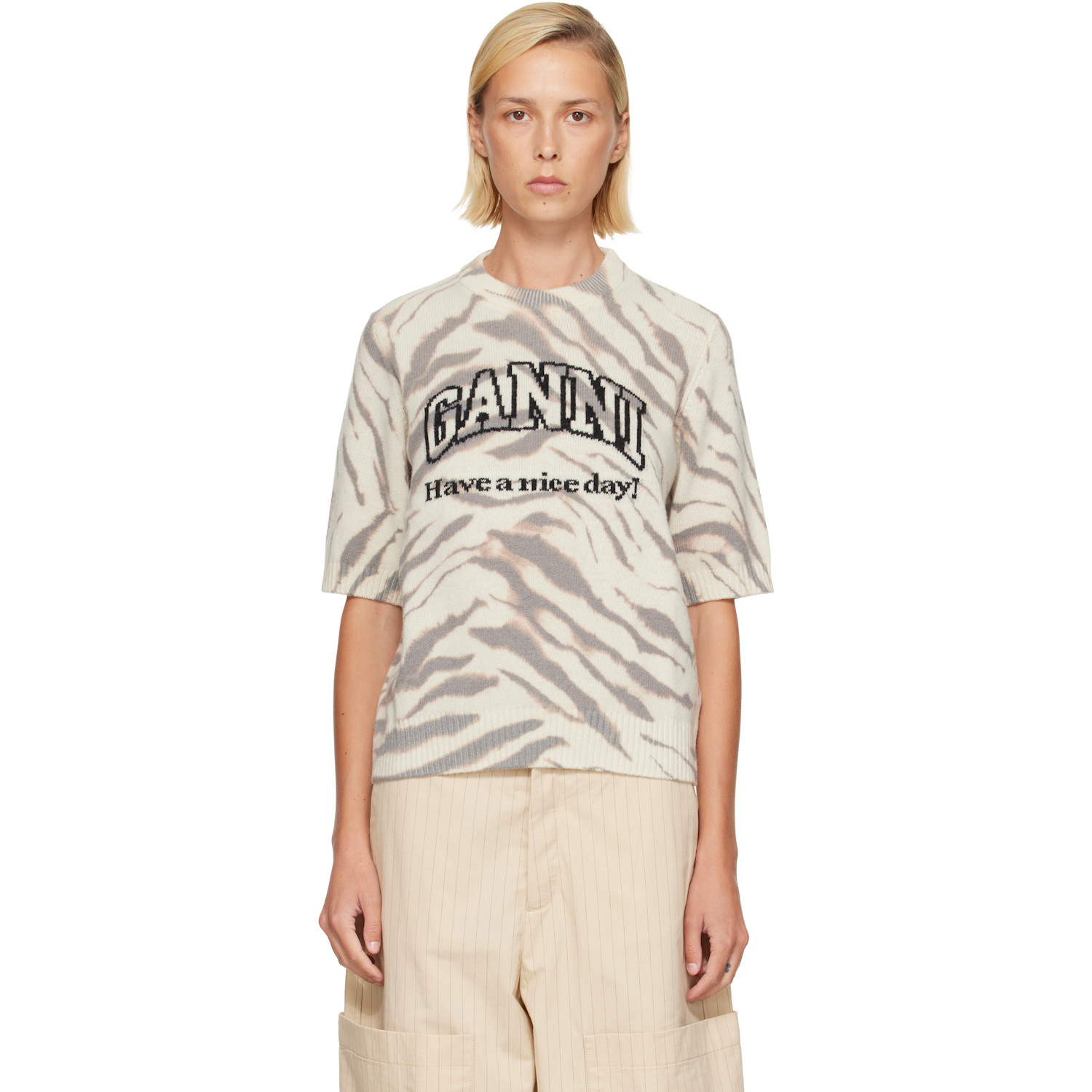 GANNI Off-White Graphic Wool Printed T-shirt
