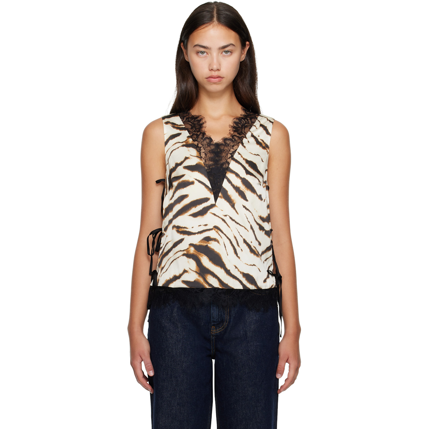 GANNI Off-White & Brown Printed Satin Top