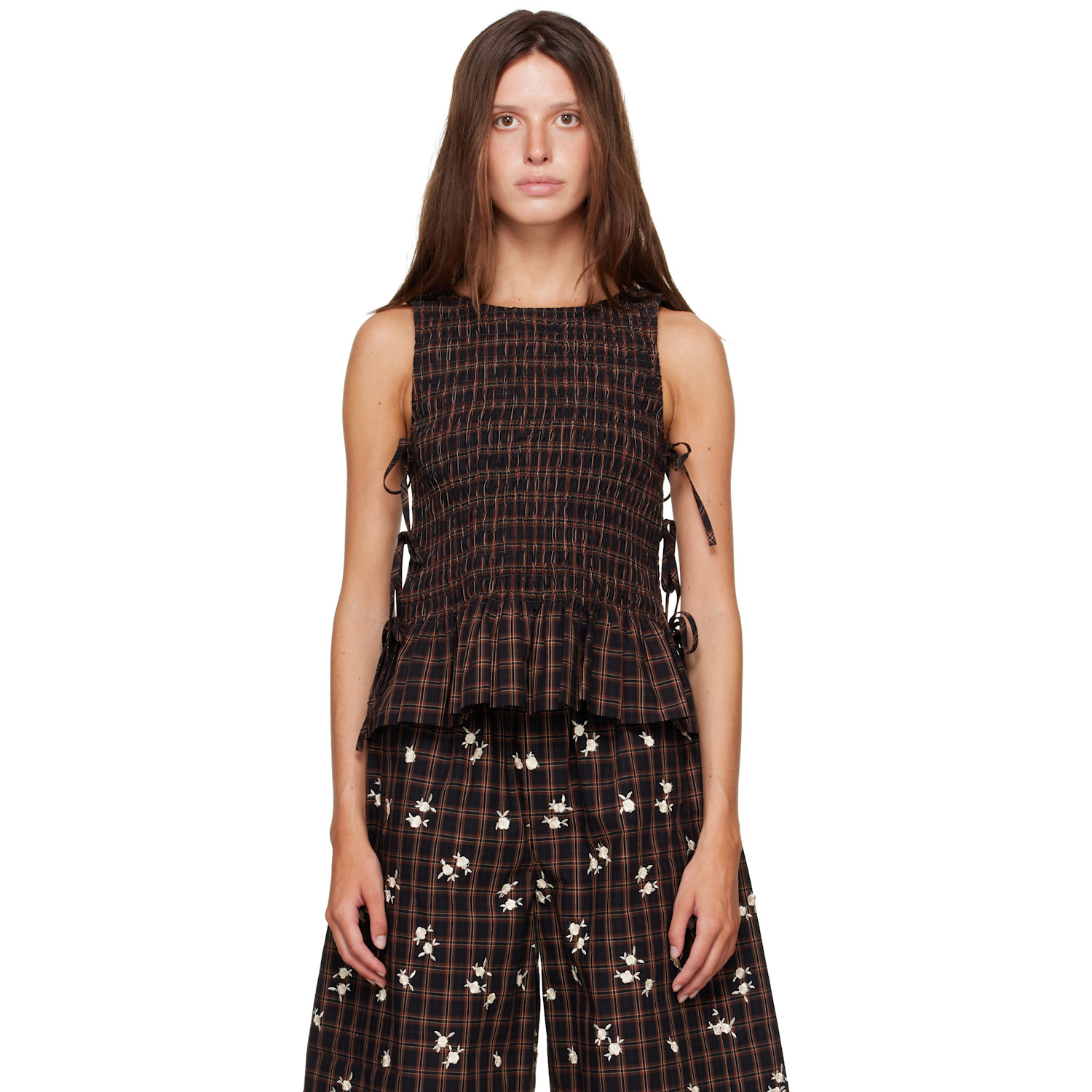 GANNI Brown Yarn Dyed Check Smocked Tie String Top