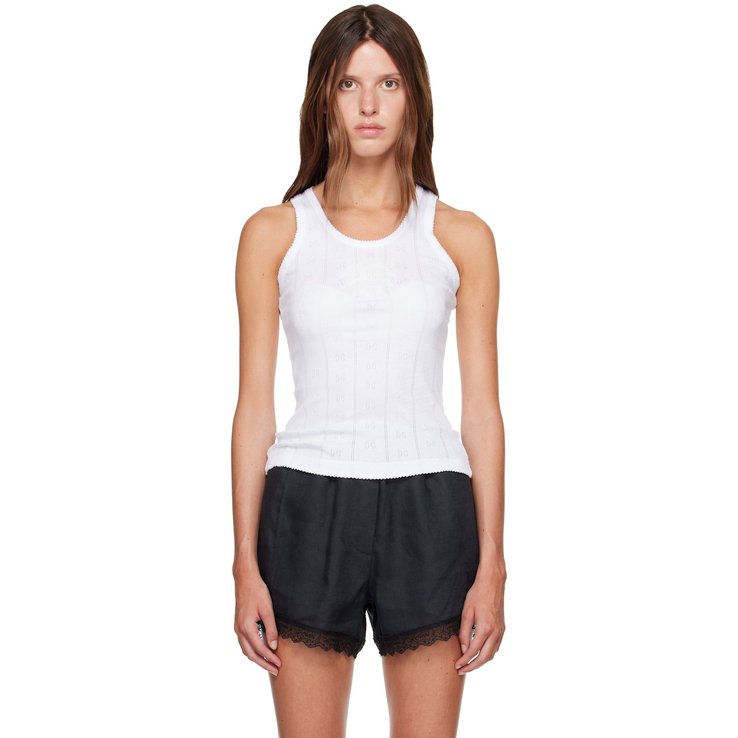 Ganni White Compact Pointelle Rib Jersey Tank Top In 151 Bright White
