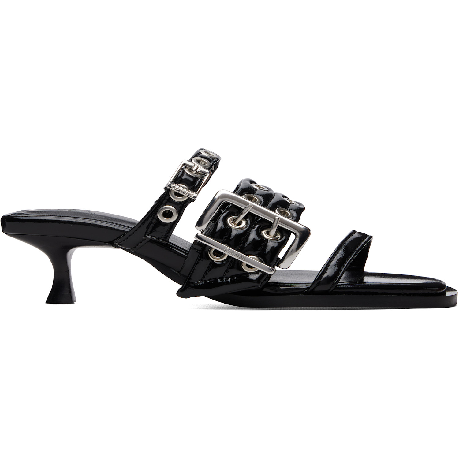 Ganni Black Buckle Strap Mule Heeled Sandals In 099 Black