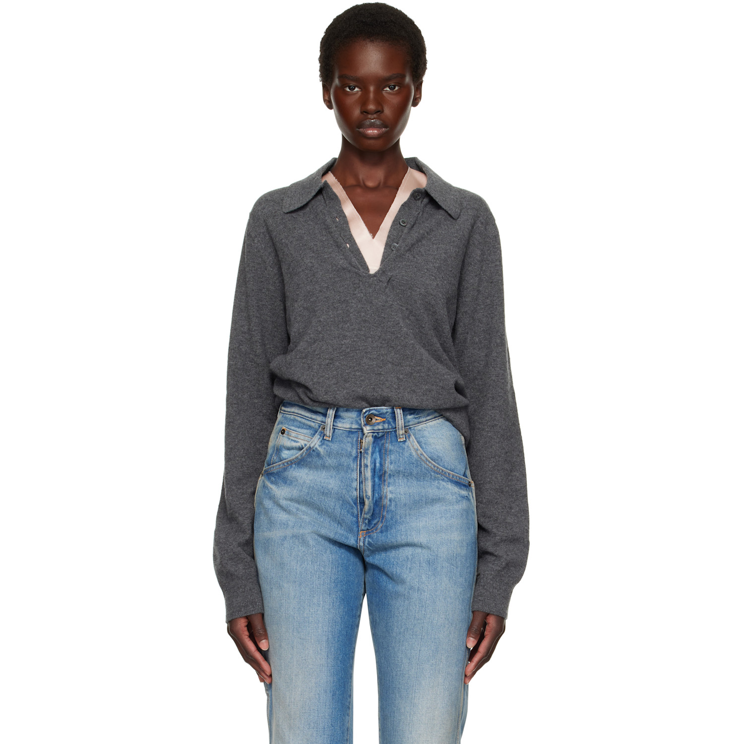 Maison Margiela Gray Draped Collar Wool Polo