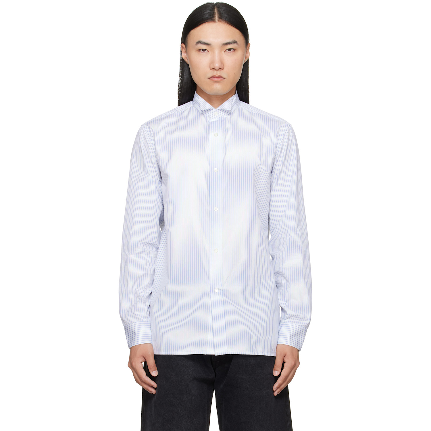 Maison Margiela White & Blue Striped Cotton Shirt