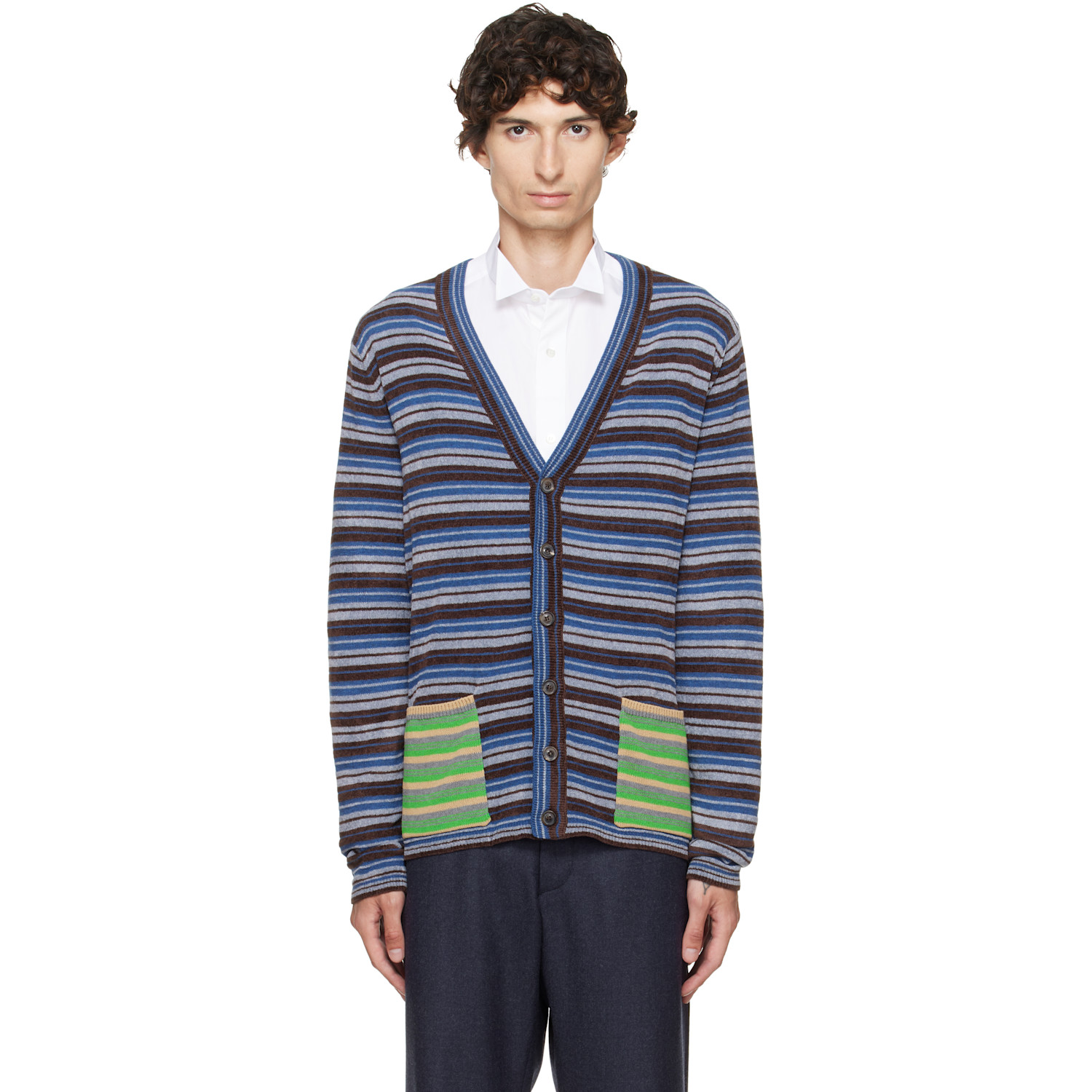 Maison Margiela Blue Striped Wool Cardigan