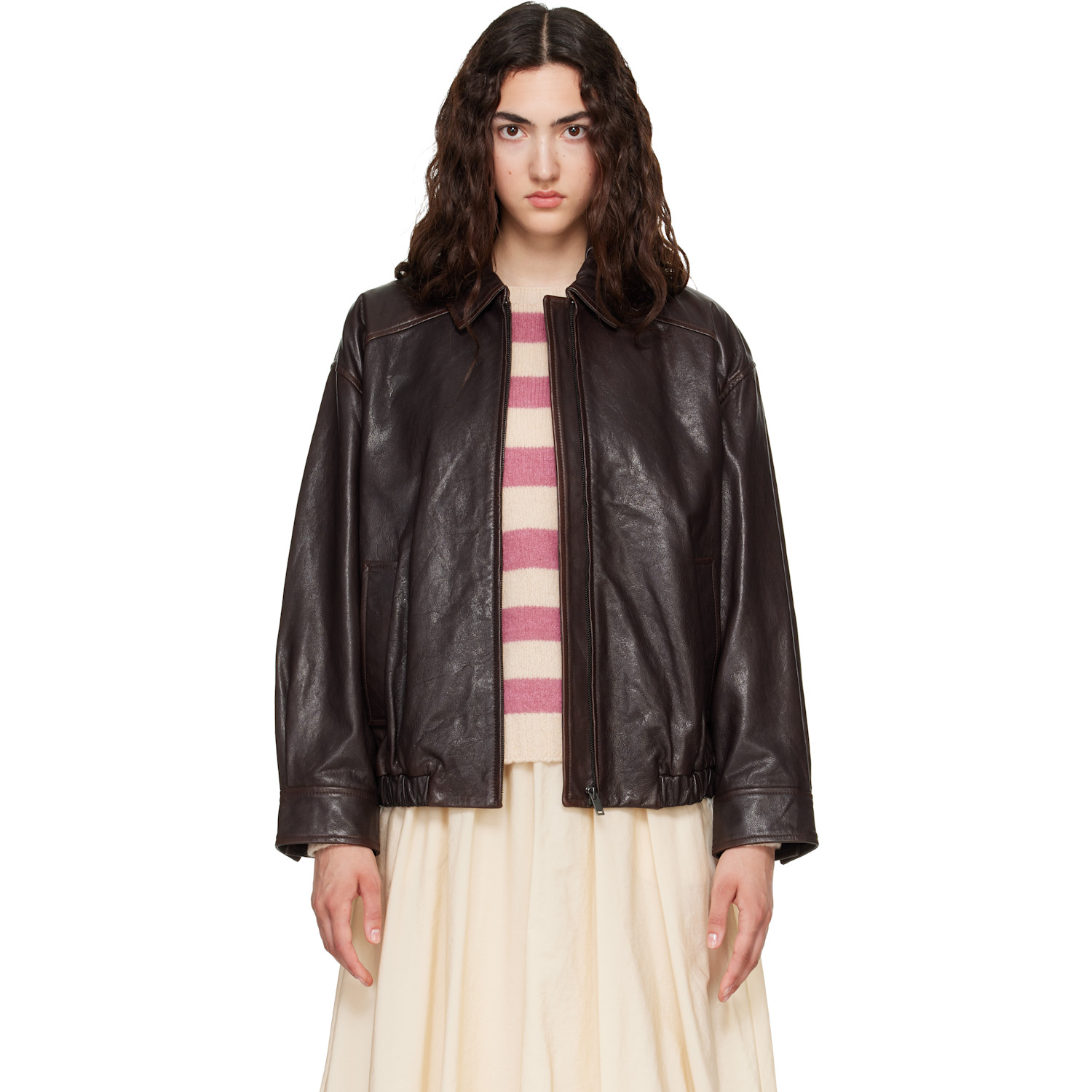 Weekend Max Mara Brown Cose Leather Bomber Jacket
