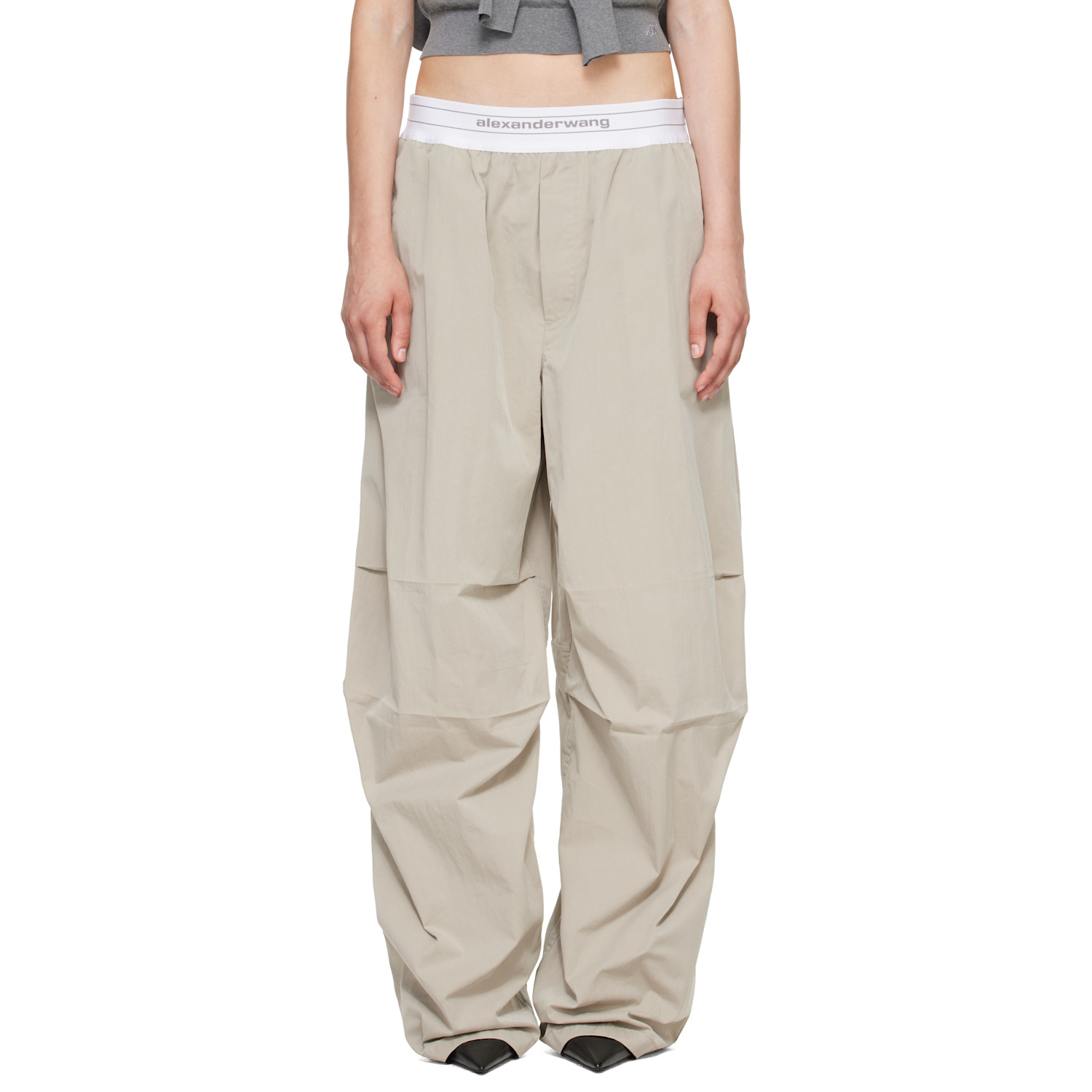 Alexander Wang Gray Mid-rise Pleated Wide-leg Lounge Pants In Stone