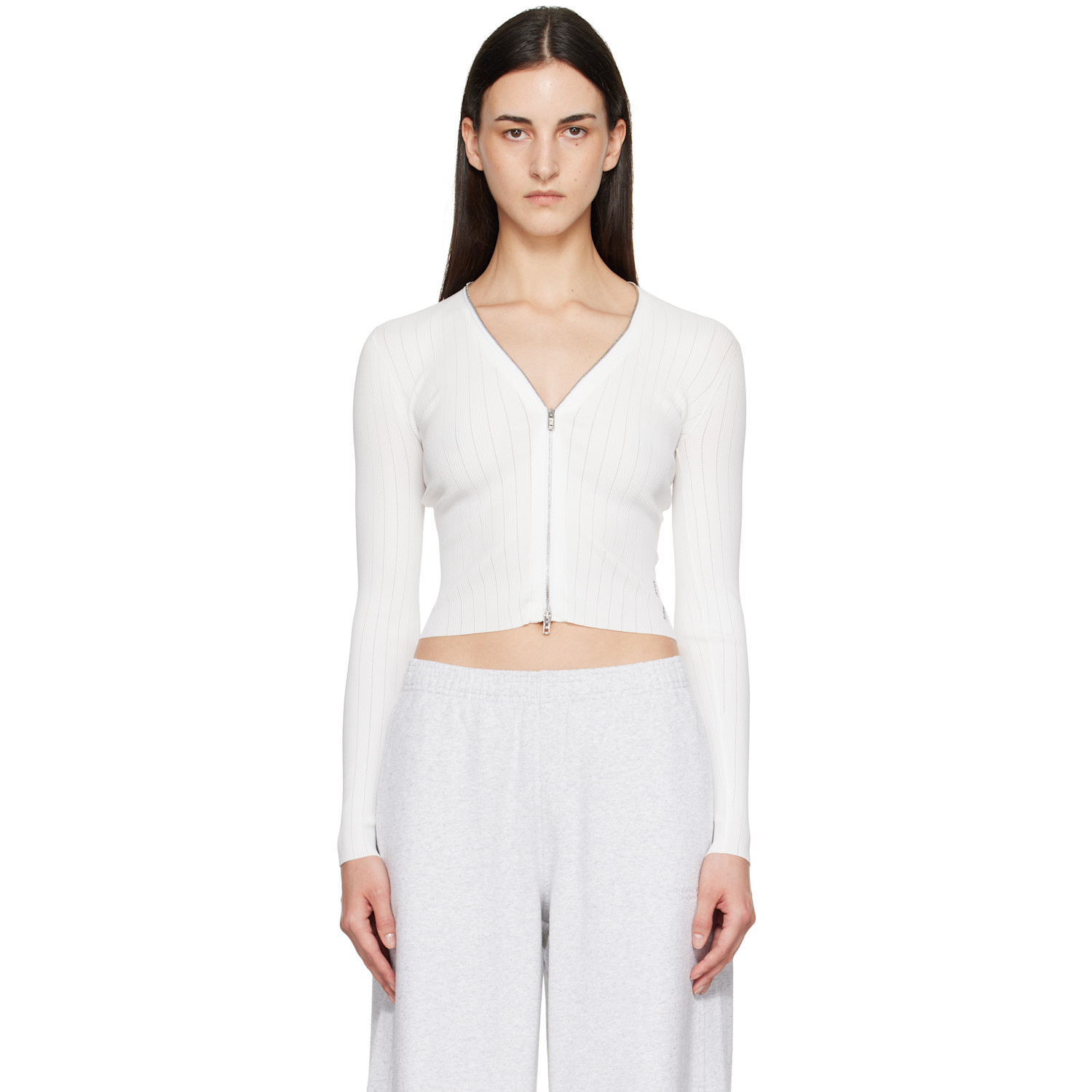 Alexander Wang White V-Neck Long Sleeve Pointelle Zip Cardigan