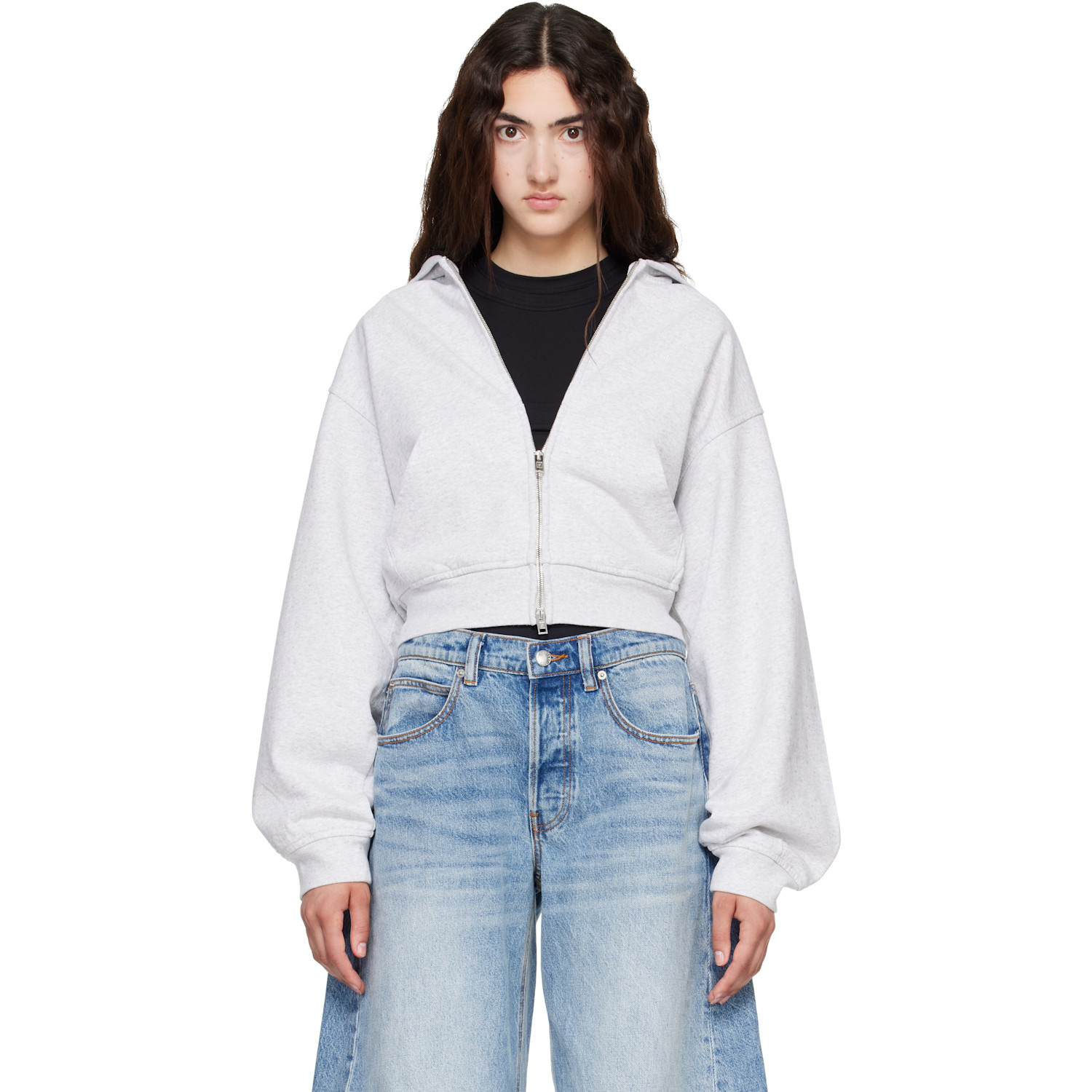 Alexander Wang Gray Crystal Fitted Long Sleeve Zip Up Hoodie