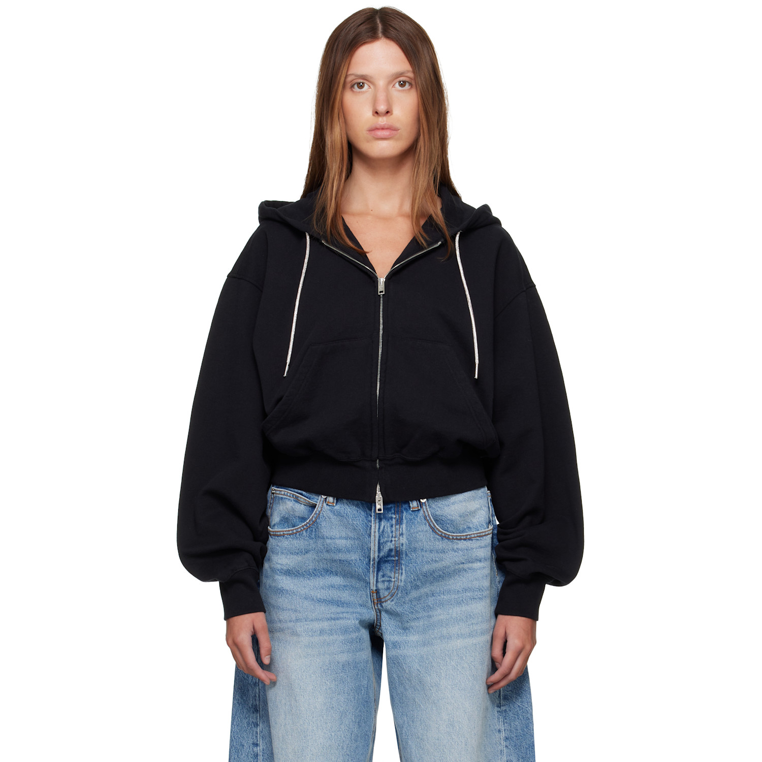 Alexander Wang Black Rhinestone Drawcord Zip-Up Hoodie