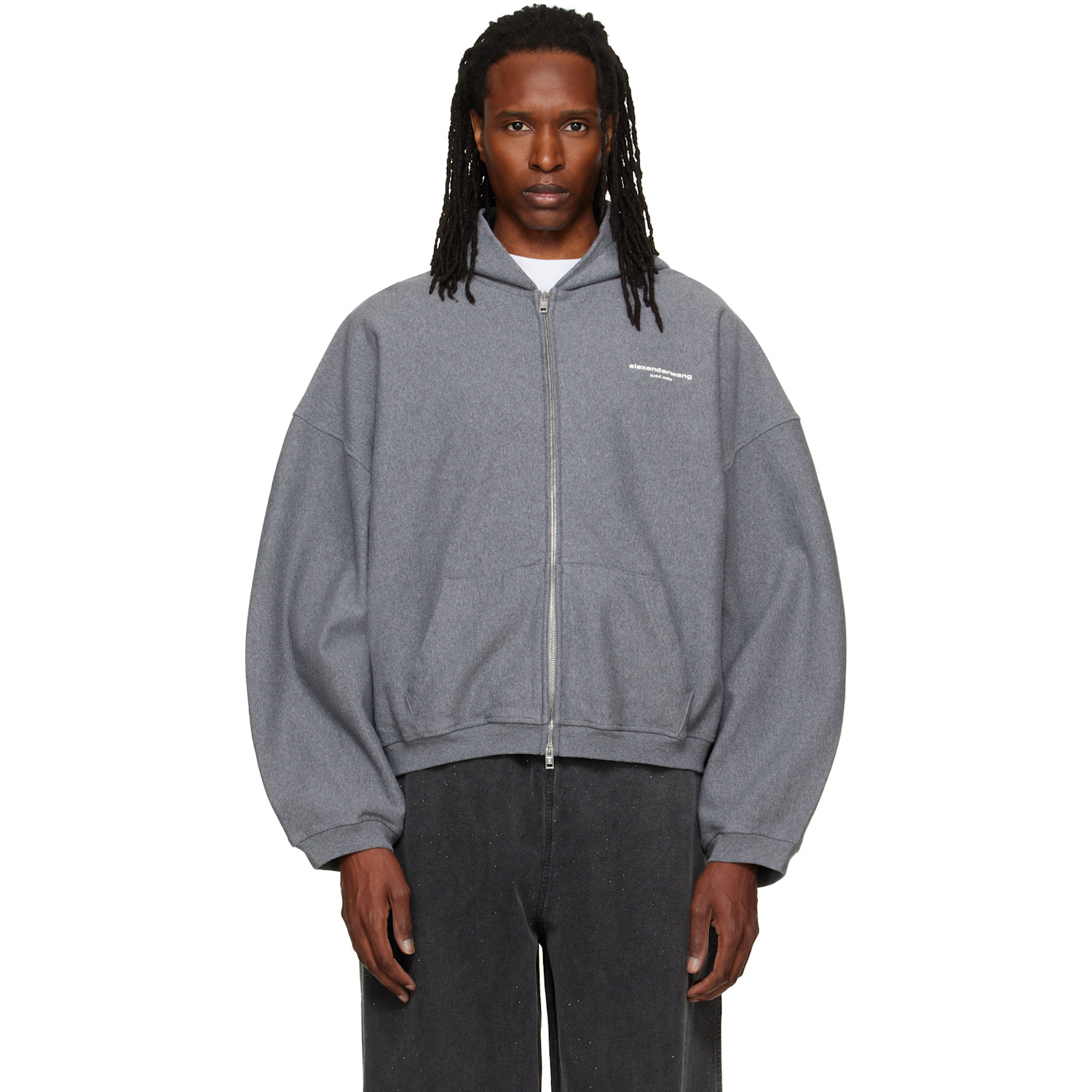 Alexander Wang Gray Logo Print Oversized Zip Up Hoodie