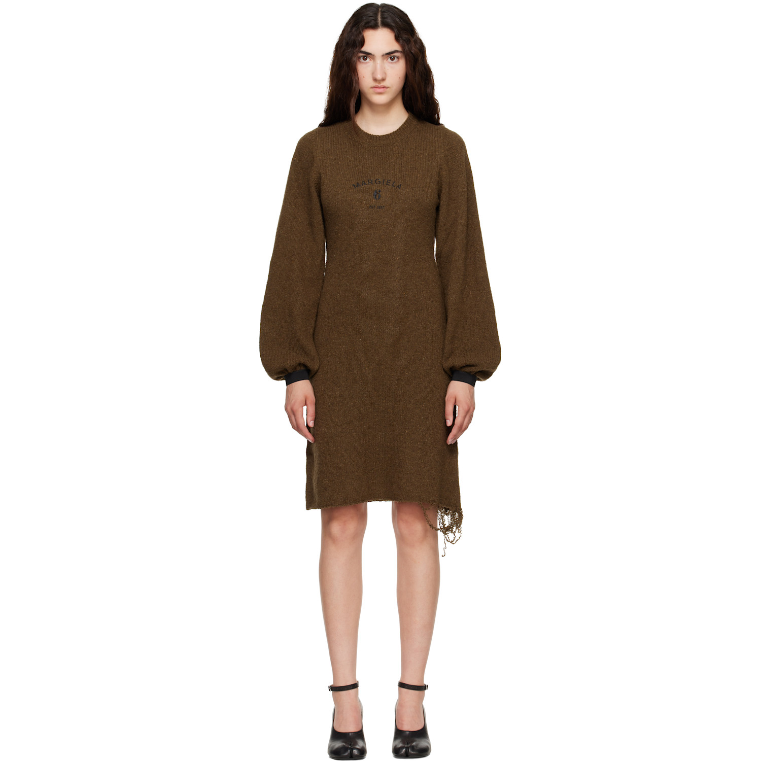 MM6 Maison Margiela Khaki Frayed Knit Midi Dress
