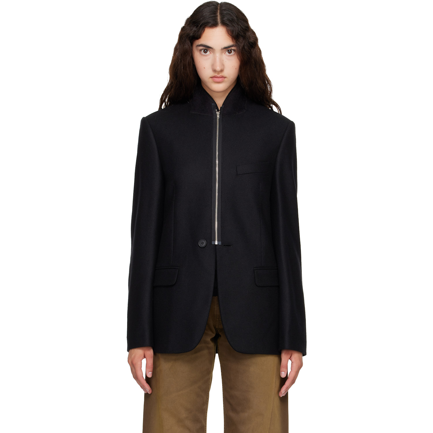 MM6 Maison Margiela Black Flannel Zip-Front Suit Blazer