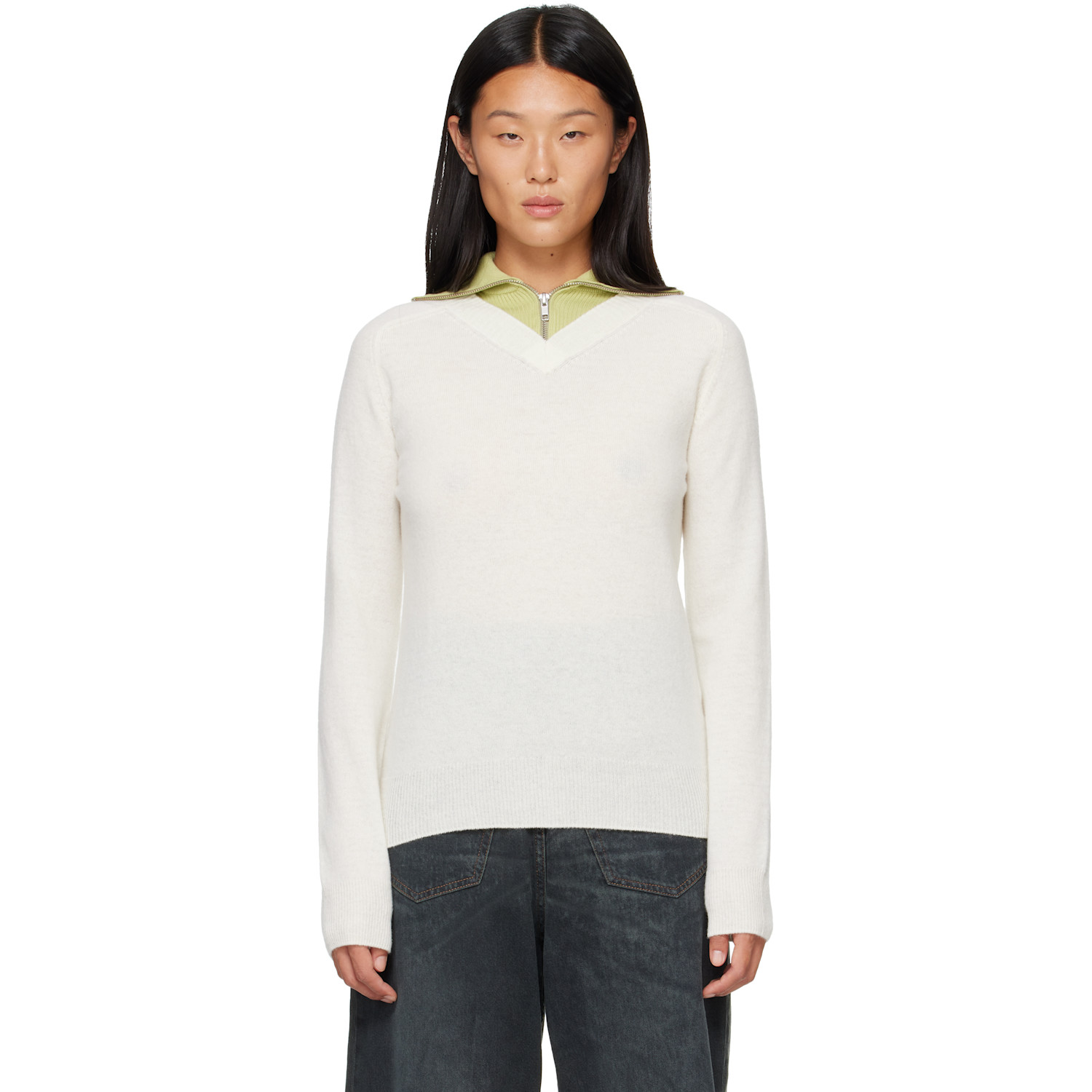 MM6 Maison Margiela Off-White & Green Layered Neckline Pullover Sweater