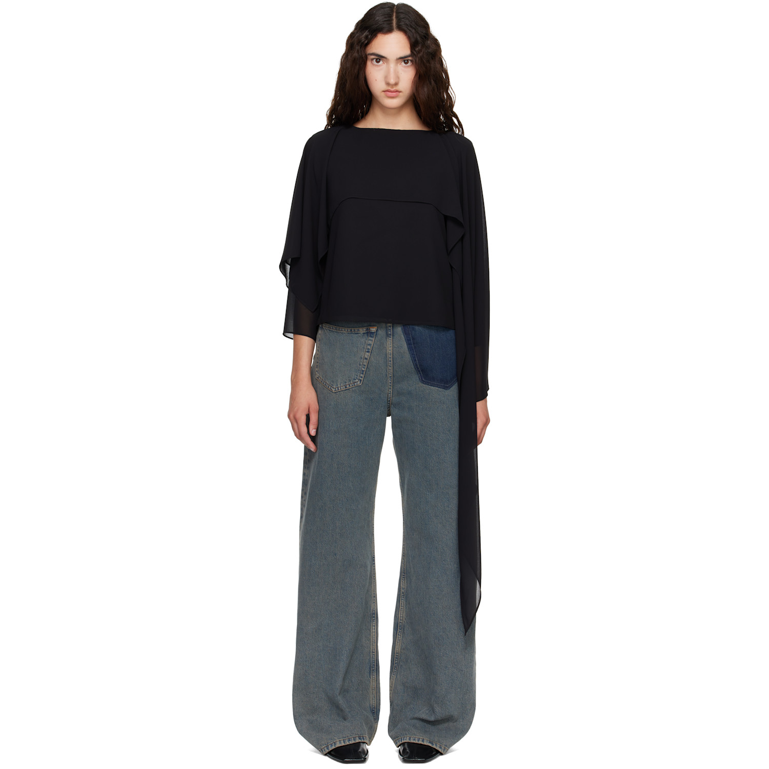MM6 Maison Margiela Black Chiffon Long-Sleeved Blouse