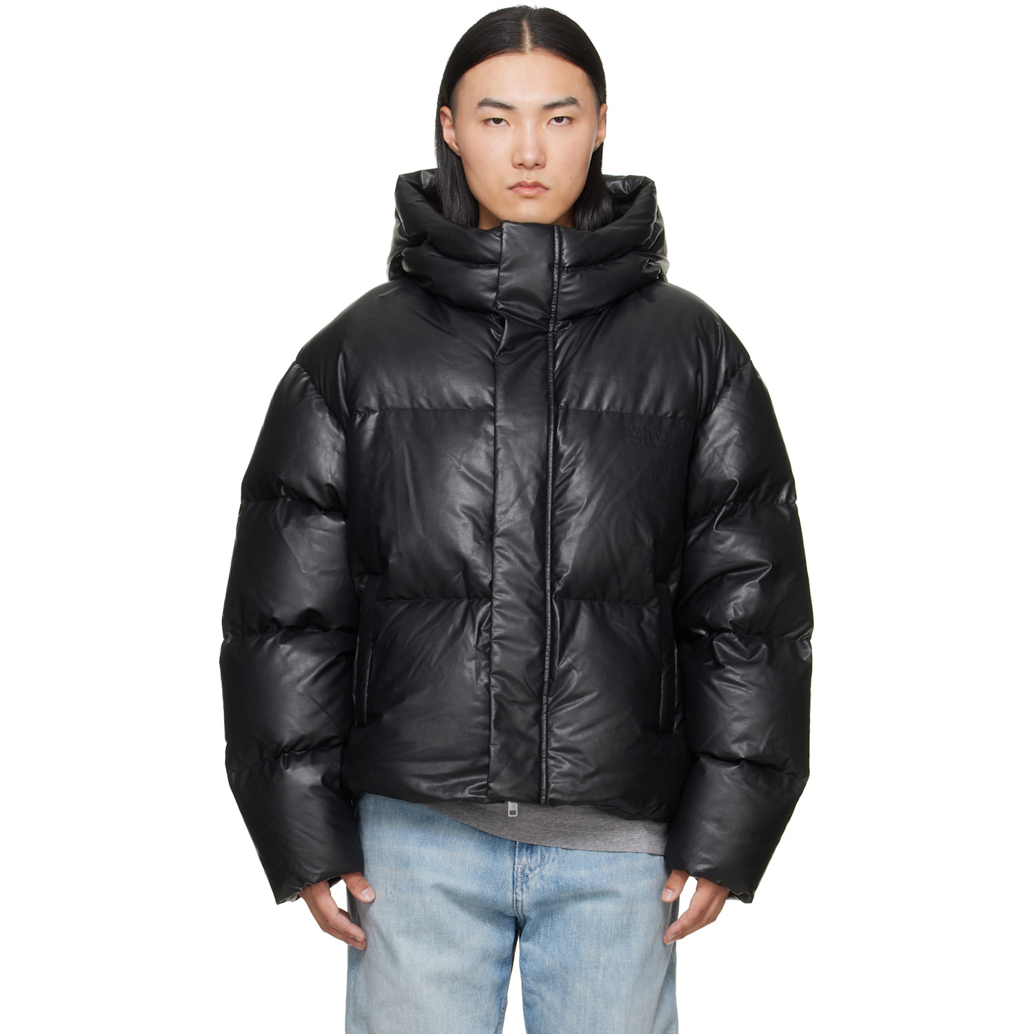 MM6 Maison Margiela Black Faux-Leather Hooded Puffer Down Jacket