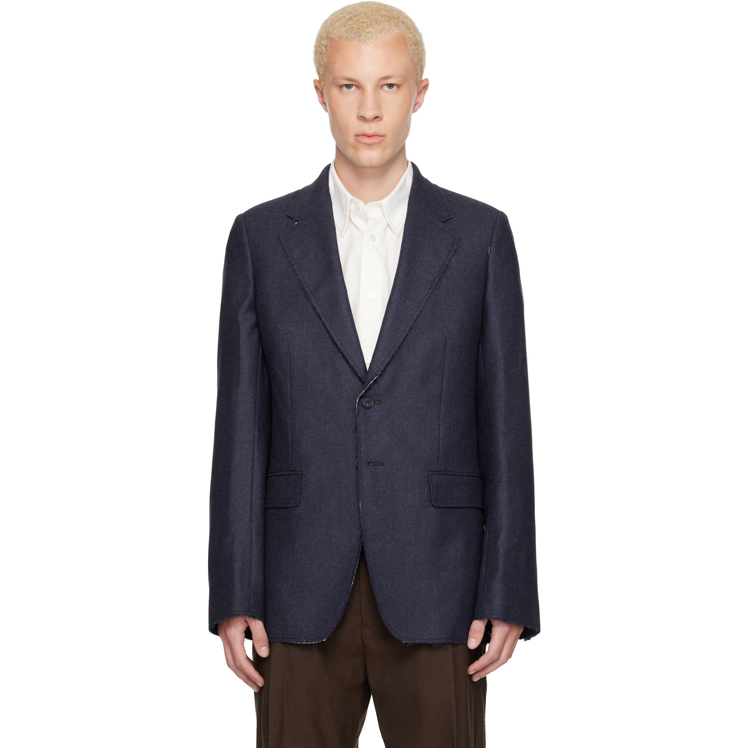 MM6 Maison Margiela Navy Raw Edges Wool Twill Blazer