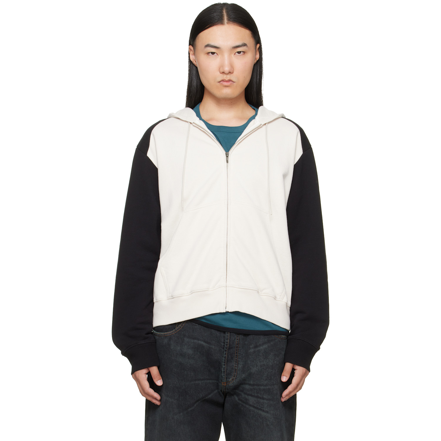 MM6 Maison Margiela Off-White & Black Paneled Zip-Up Hoodie
