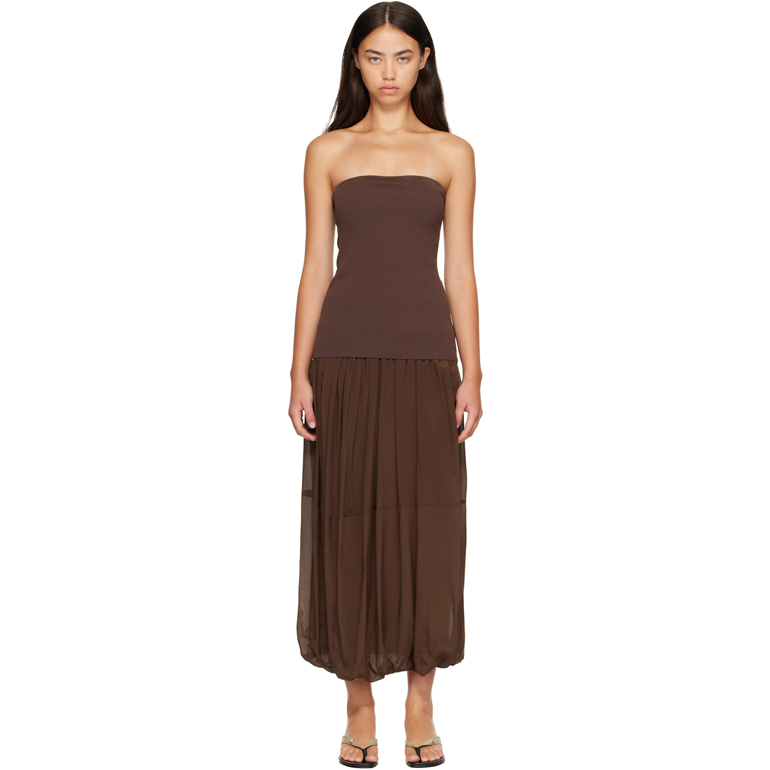 St. Agni Brown Strapless Balloon Hem Maxi Dress