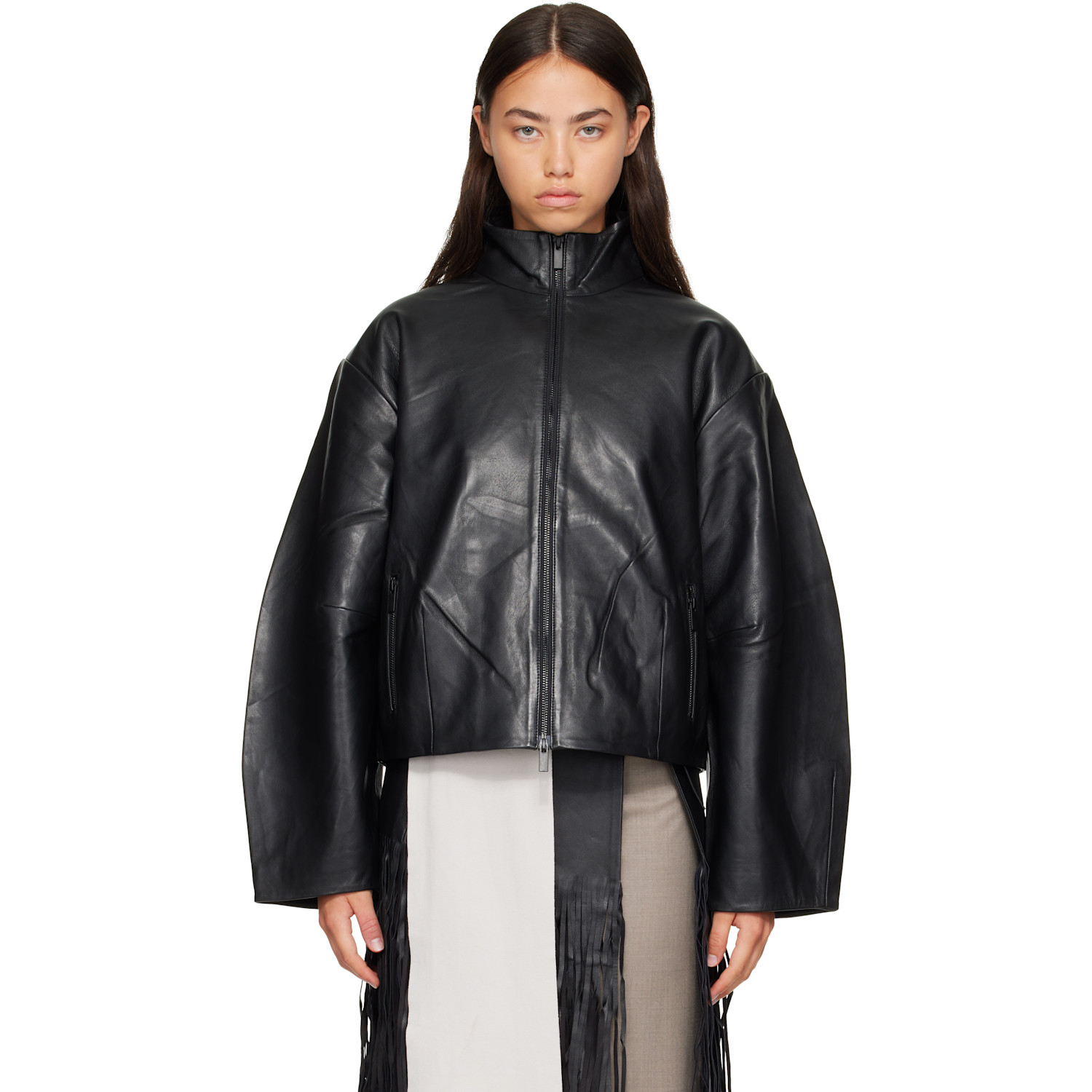 St. Agni Black Cocoon Zip Leather Jacket