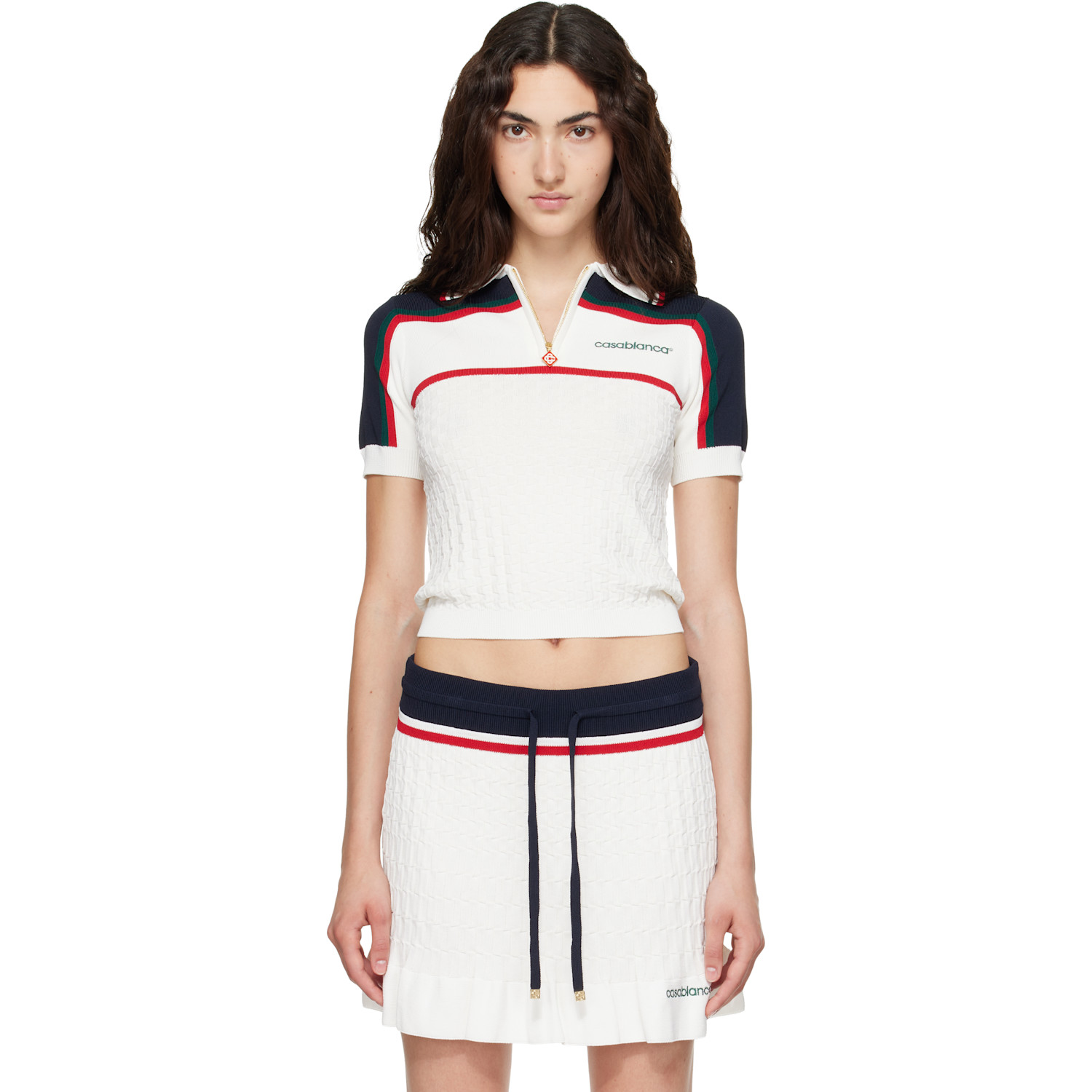 Casablanca Off-White & Navy Knit Tennis Short Sleeve Polo