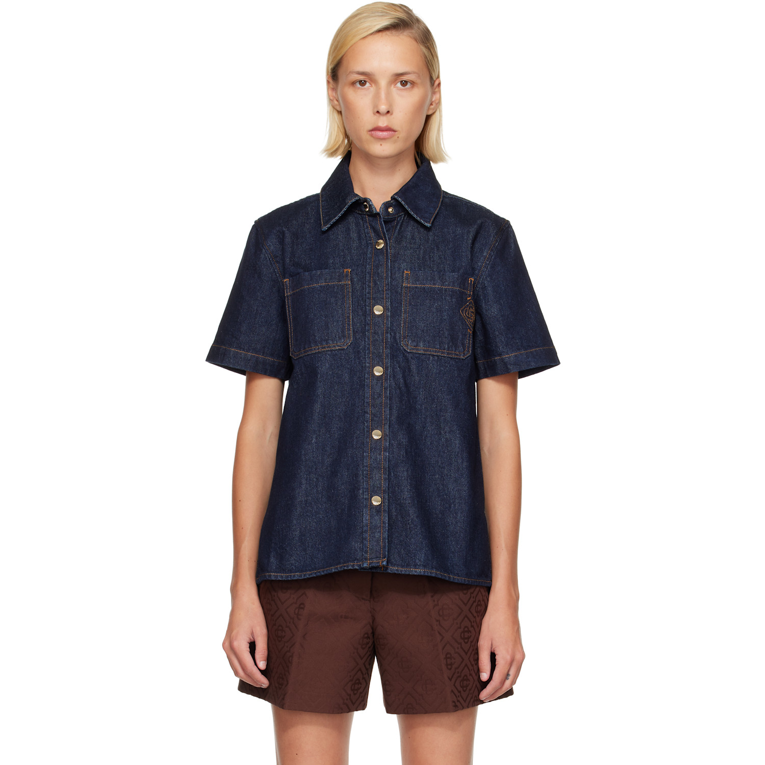 Casablanca Navy Short Sleeve Denim Shirt