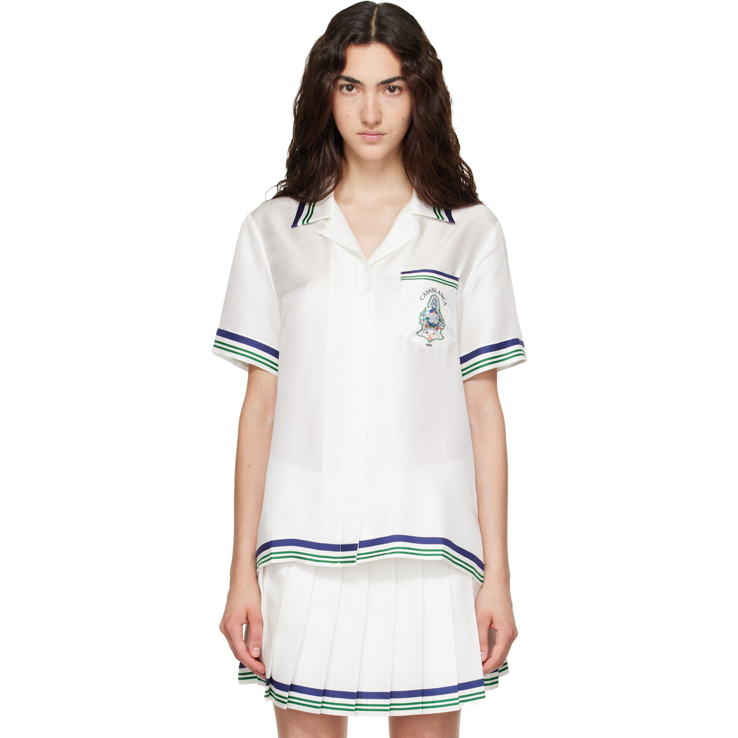 Casablanca White Hotel Emblem Short Sleeve Silk Shirt