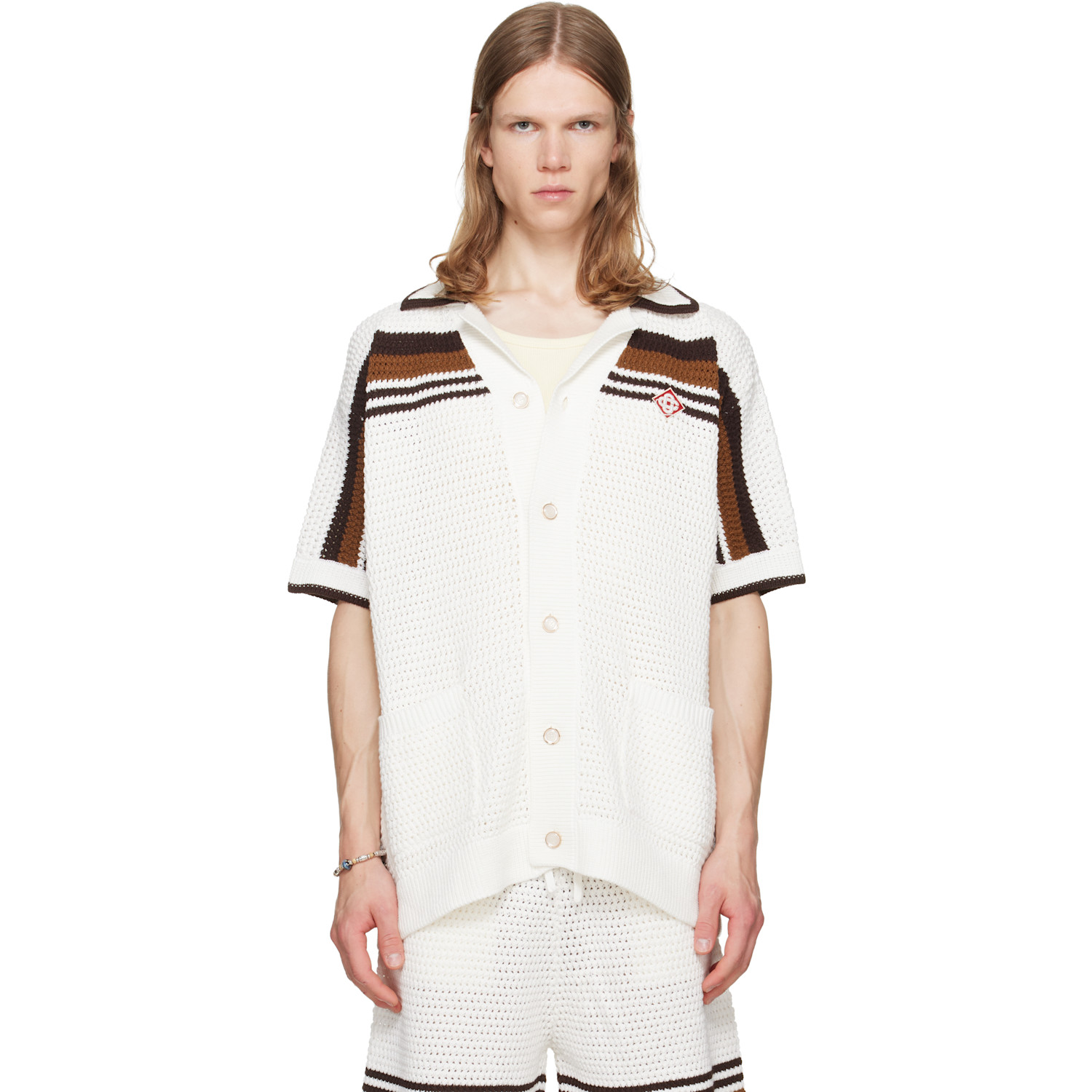 Casablanca White Tennis Stripe Crochet Short Sleeve Shirt