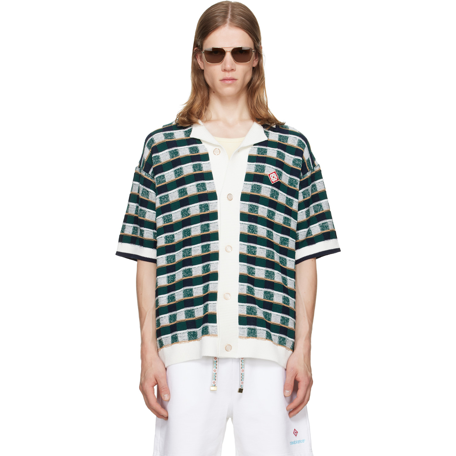 Casablanca White & Green Crochet Mosaic Short Sleeve Shirt