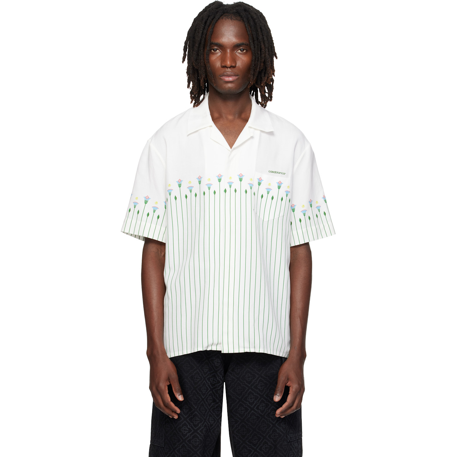 Casablanca White Linen Floral Stripe Sporty Short Sleeve Shirt