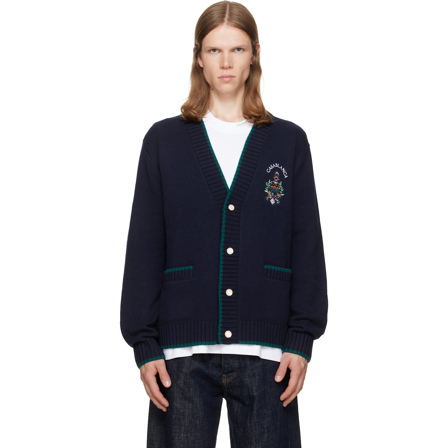 Casablanca Navy Hotel Emblem Embroidered Wool Cardigan