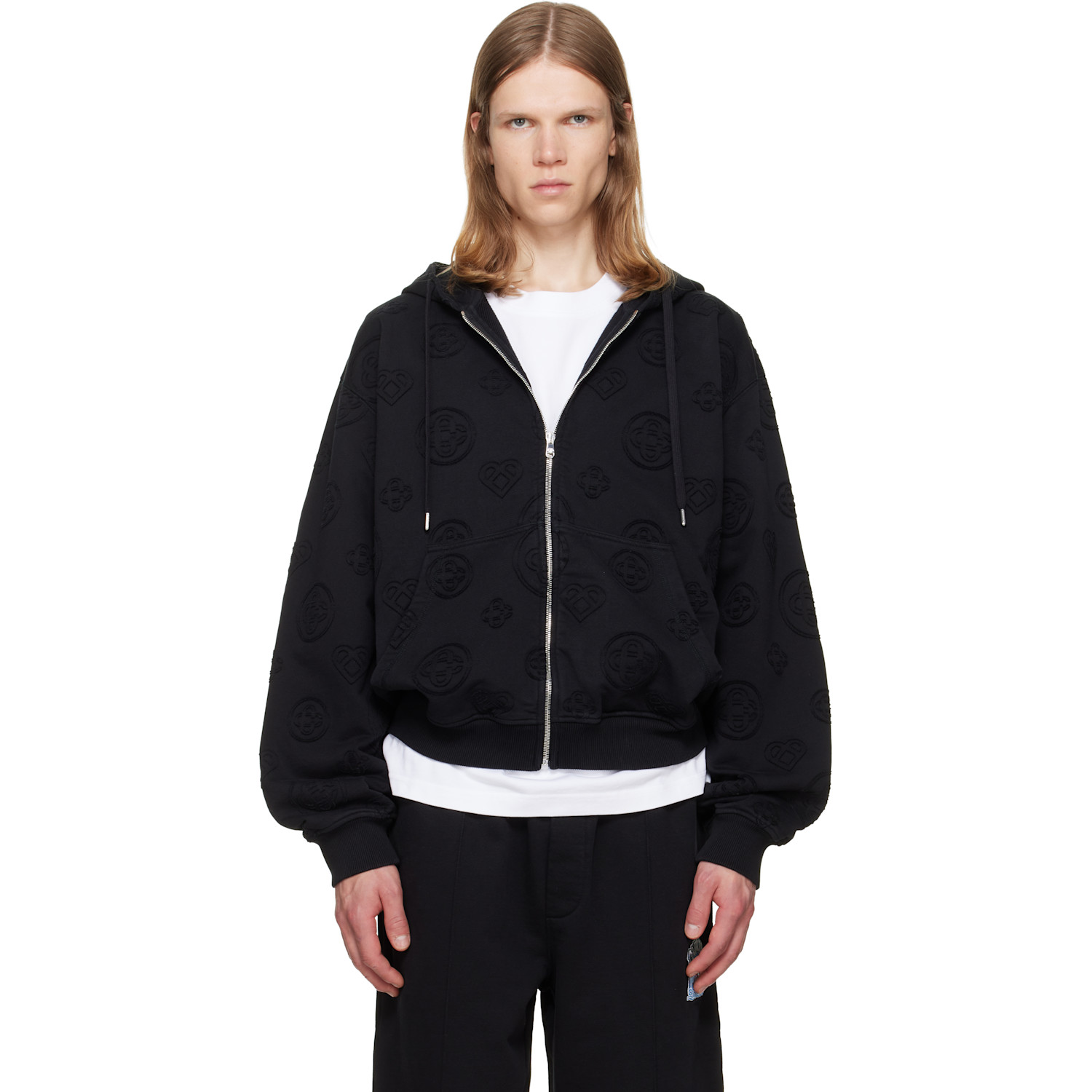 Casablanca Black Applique Monogram Zip‑Up Hoodie