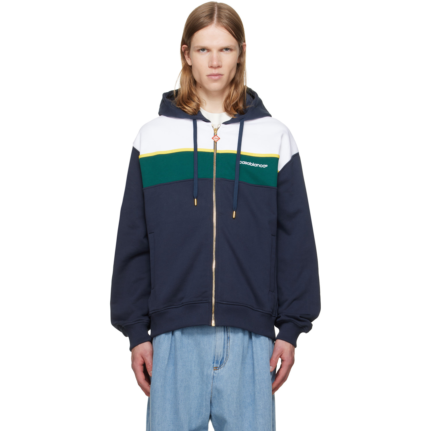 Casablanca Navy Panelled Zip Up Hoodie