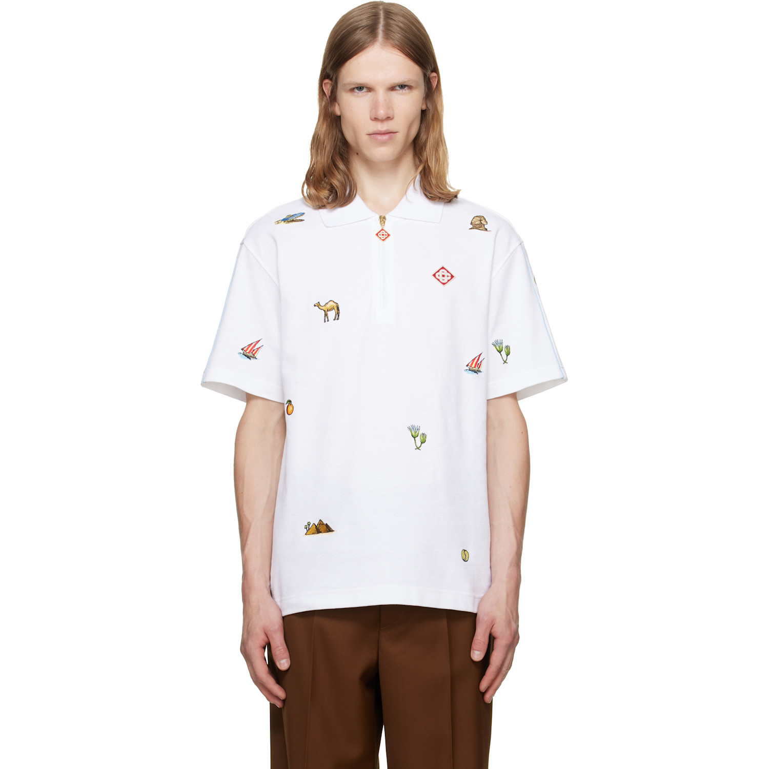 Casablanca White Quartered Zip Embroidered Polo