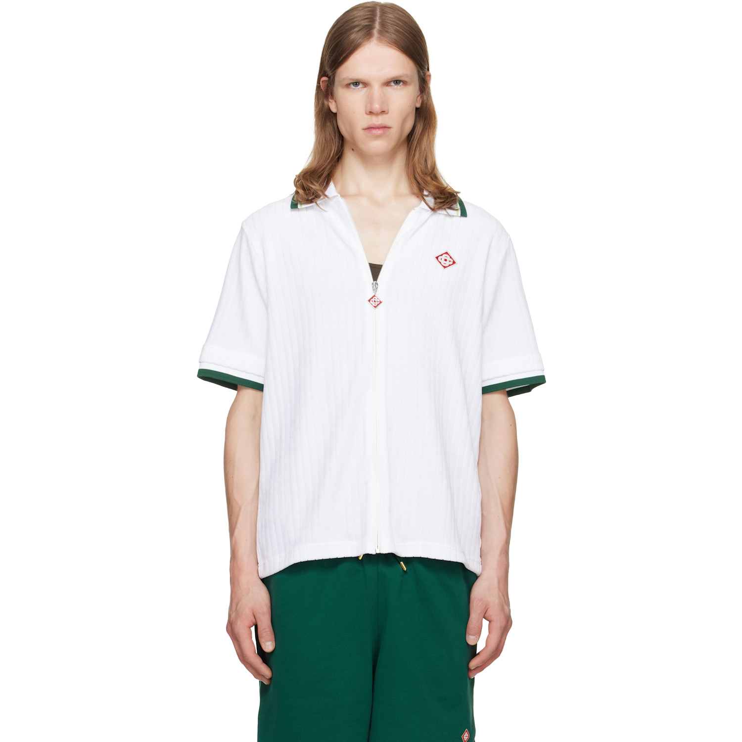 Casablanca White Striped Velour Zip‑Up Short Sleeve Shirt