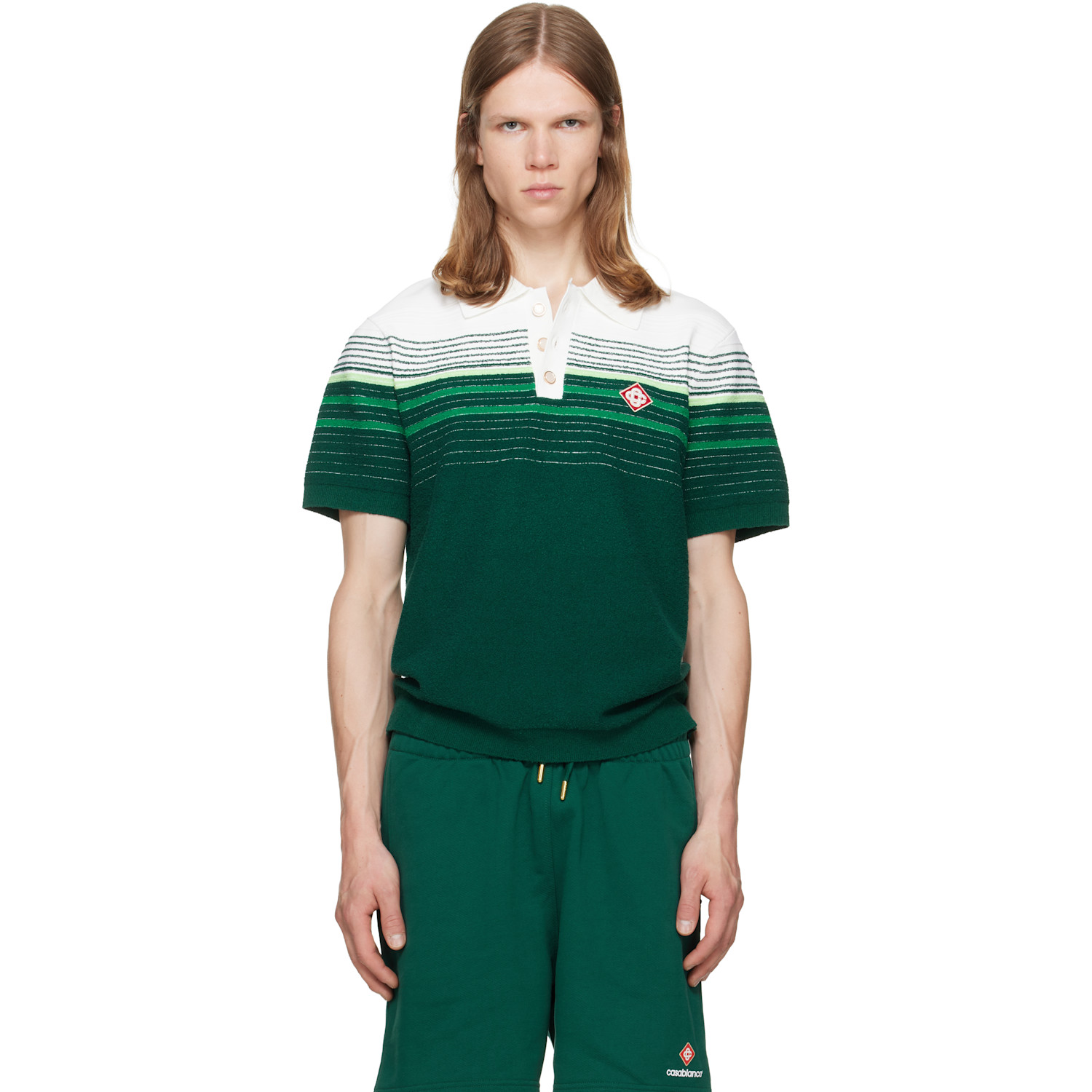 Casablanca Green Boucle Stripe Short Sleeve Polo