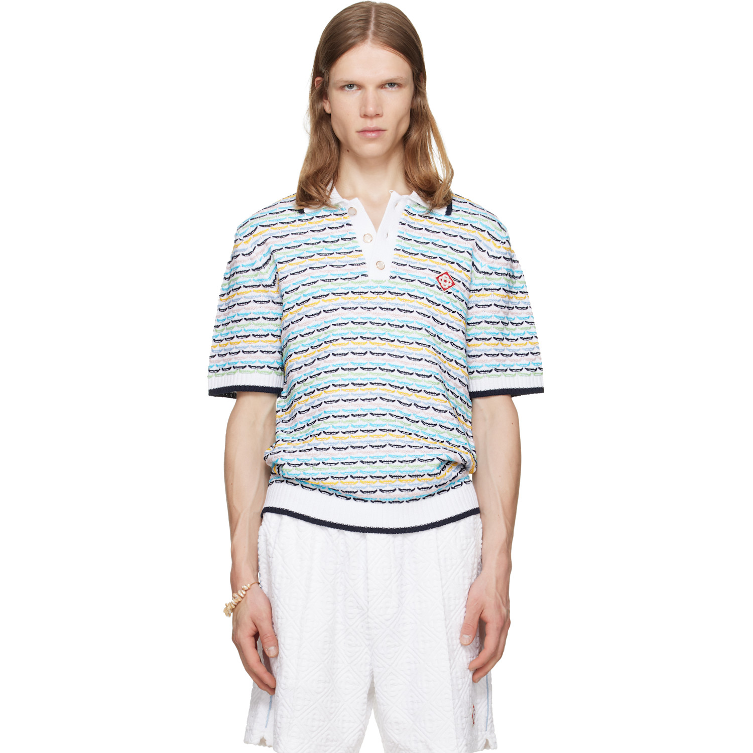 Casablanca White Tuck Stitch Short Sleeve Polo