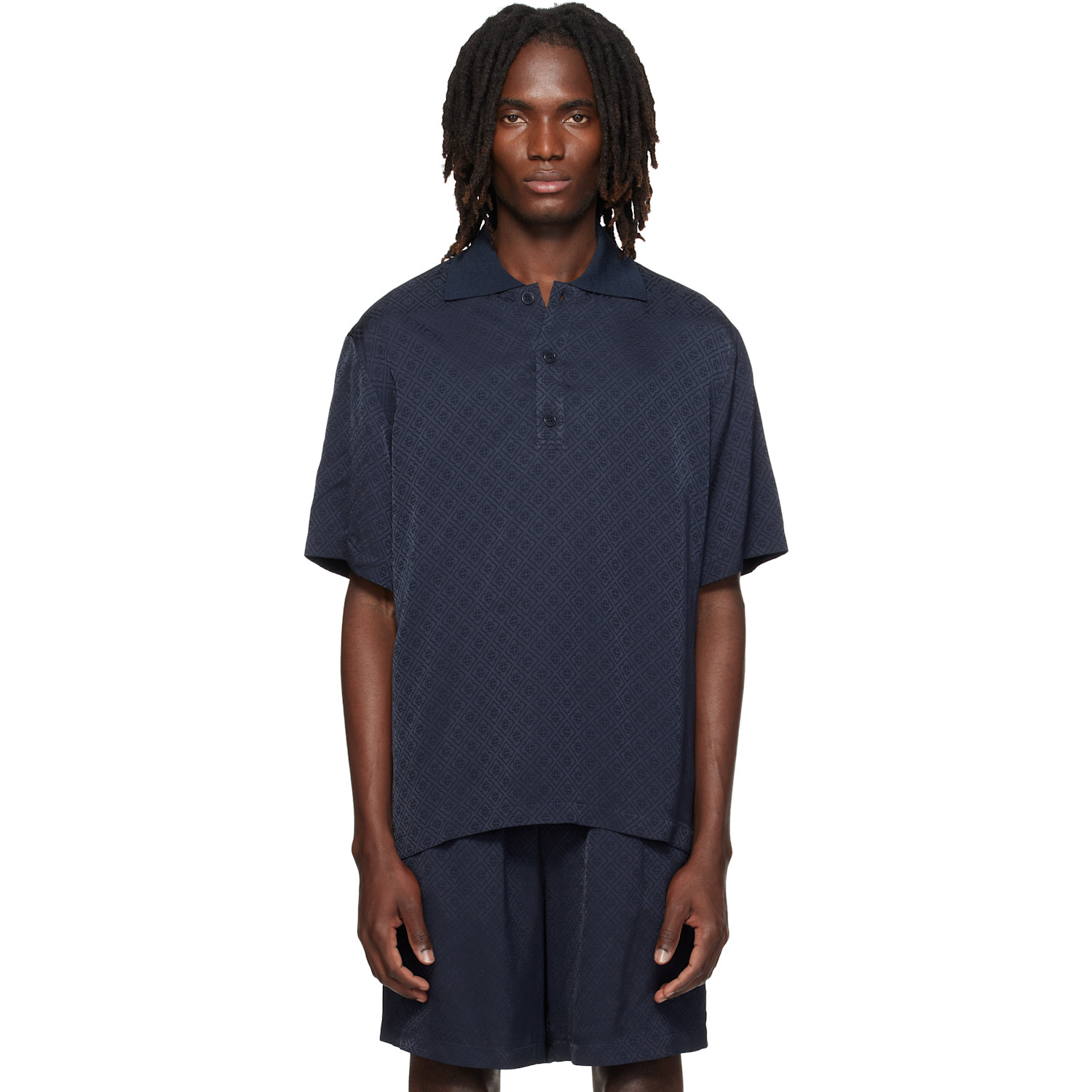Casablanca Navy Knit Collar Short Sleeve Polo