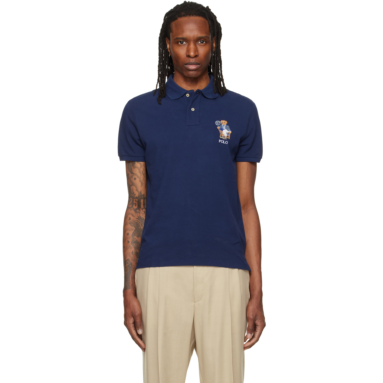 Polo Ralph Lauren Navy Custom Slim Fit Polo Bear Polo In Newport Bear- Newpor