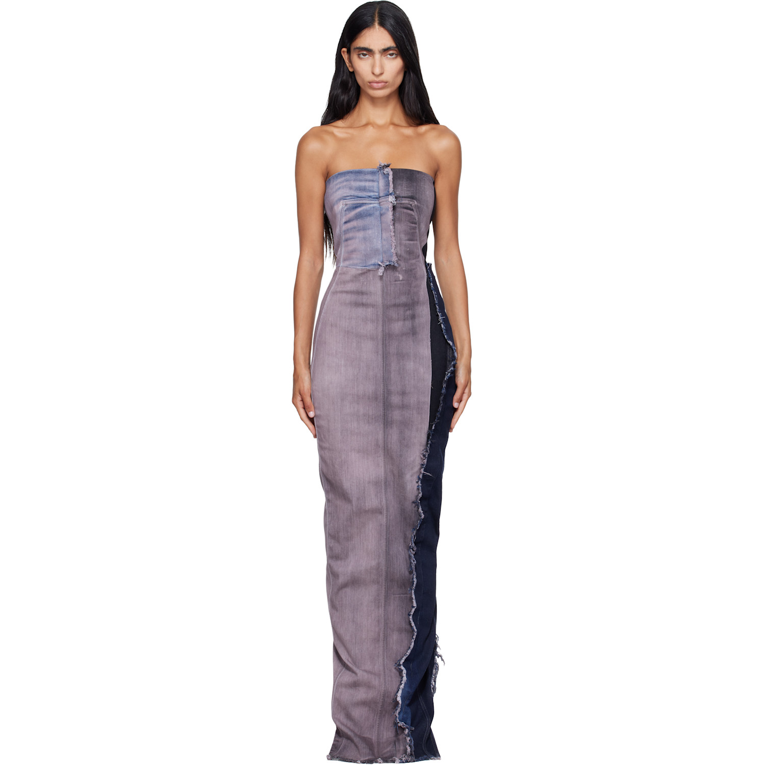 Rick Owens Pink & Navy Tower Bustier Denim Maxi Dress