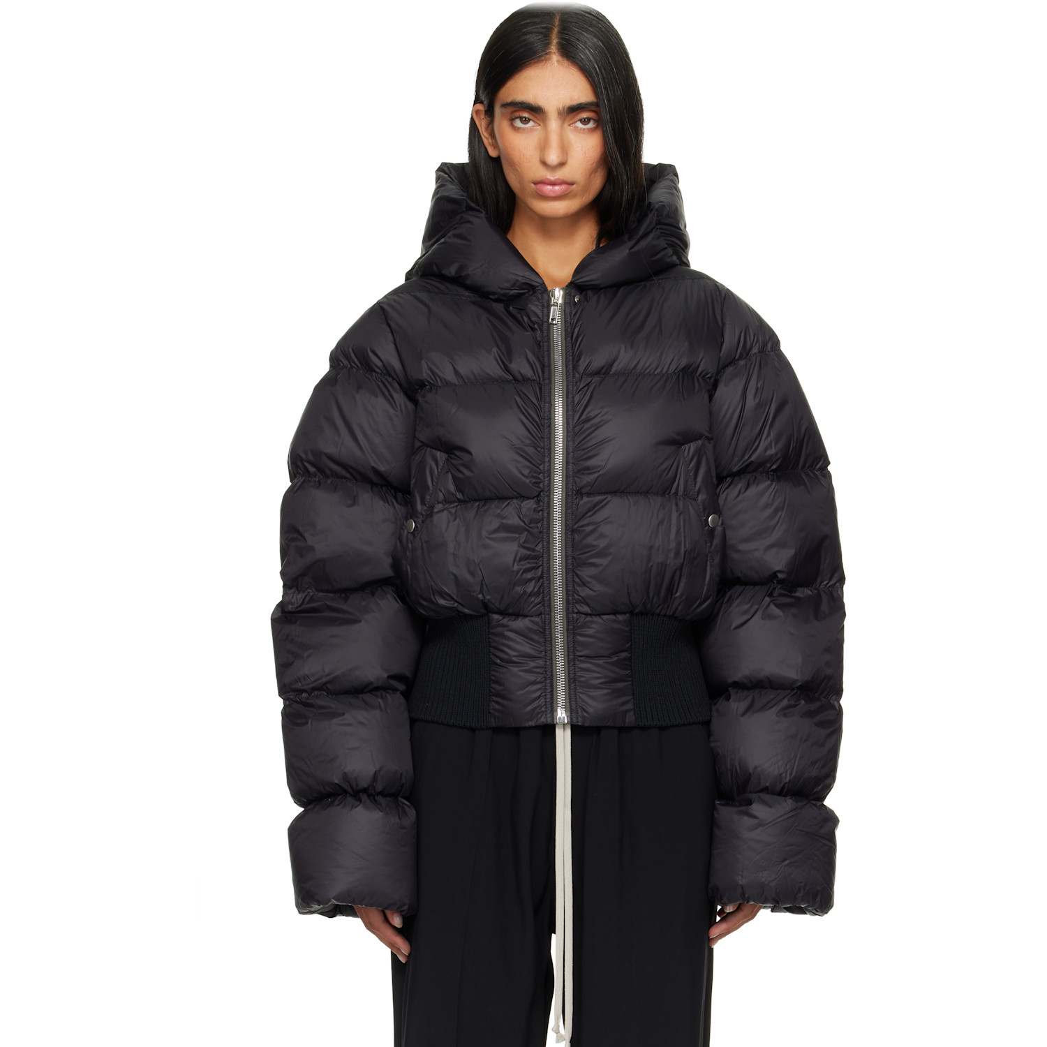 Rick Owens Black Tower Cinched Hooded Down Jacket In 09 Black